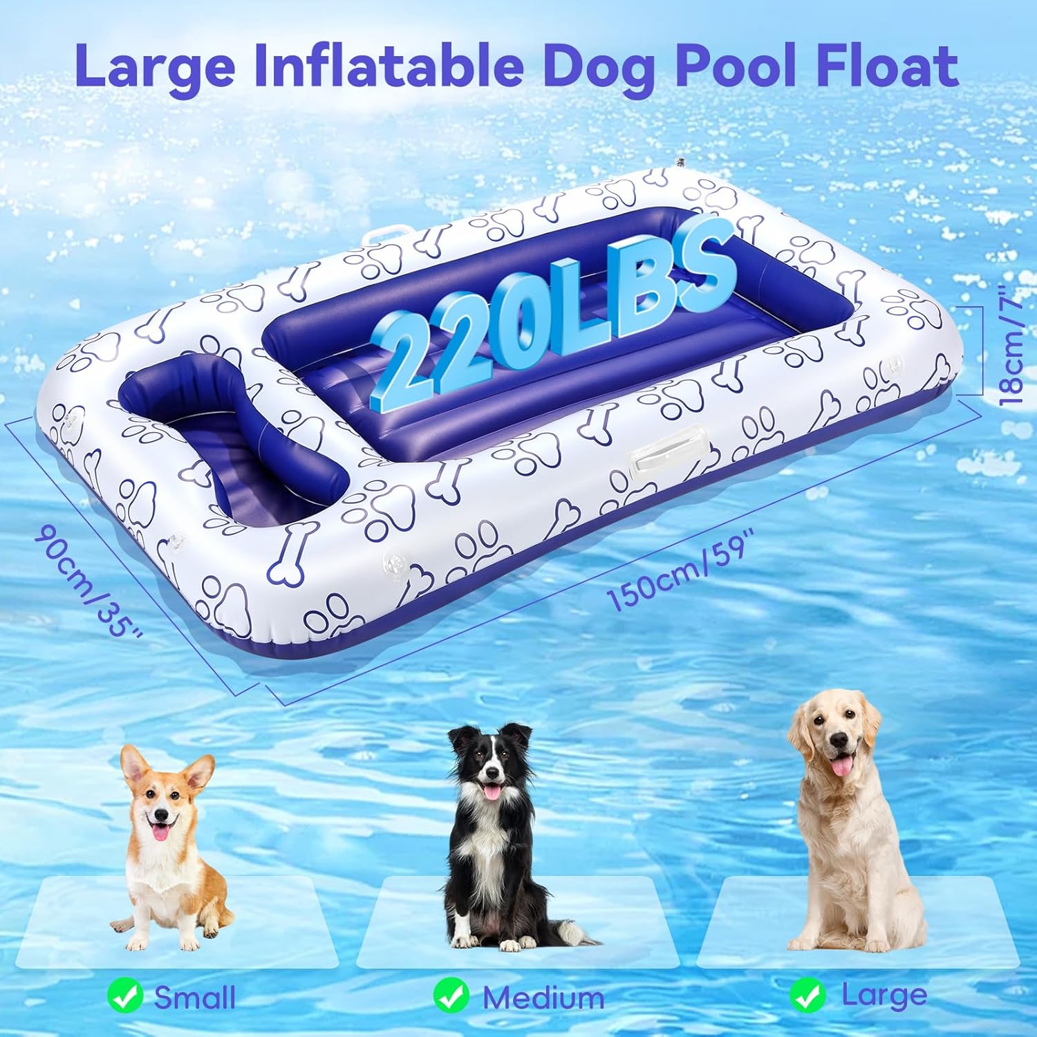 Pawaboo Dog Pool Float, 59 x 35 Inch Inflatable Pet Pool Floats for Small Medium Large Dogs 220 lbs, Dogs Raft Float for Pool with Dual Handles Snack Area, Dog Floating Lounger for Beach Lake, Blue
