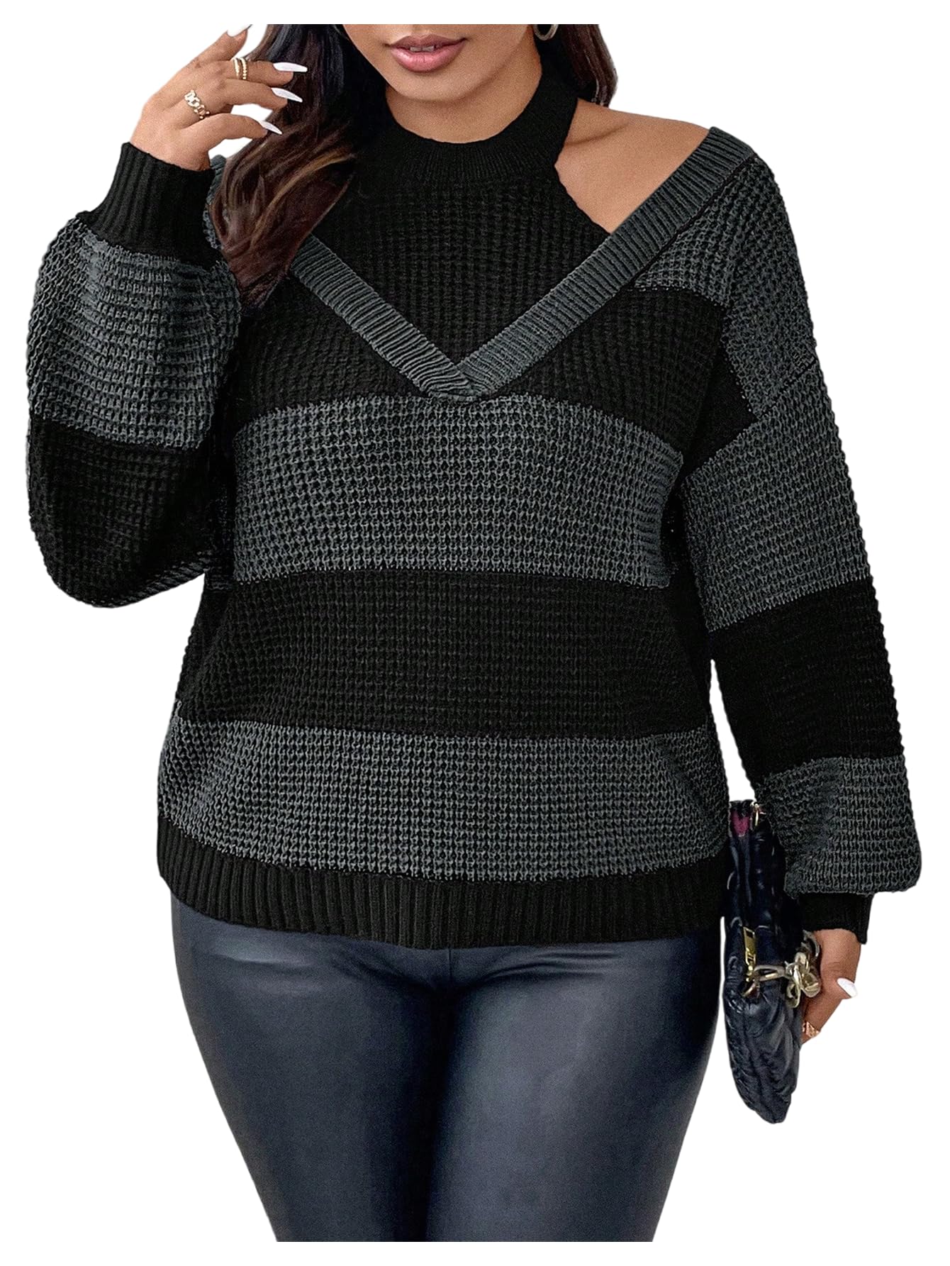 WDIRARA Womens Plus Size Striped Cut Out Sweater Color Block Long Sleeve Knitted Tops