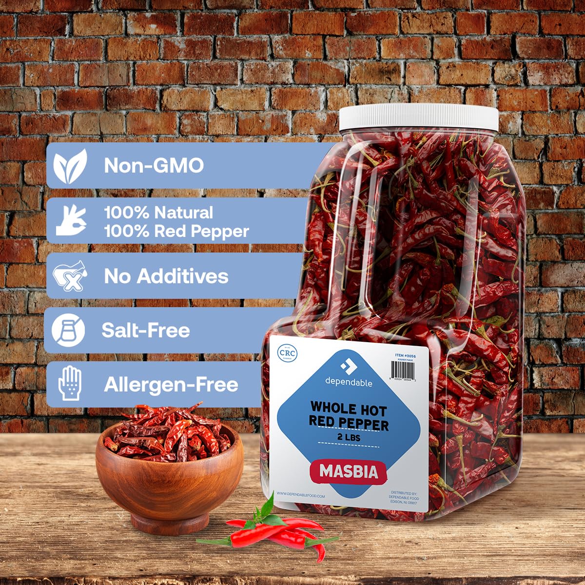 Dependable Foods Whole Red Hot Pepper– 2 Lb. Bulk Jar –- 100% Natural Intense Heat, Non-GMO, No Additives, Salt-Free Seasoning | Kosher, Allergen-Free