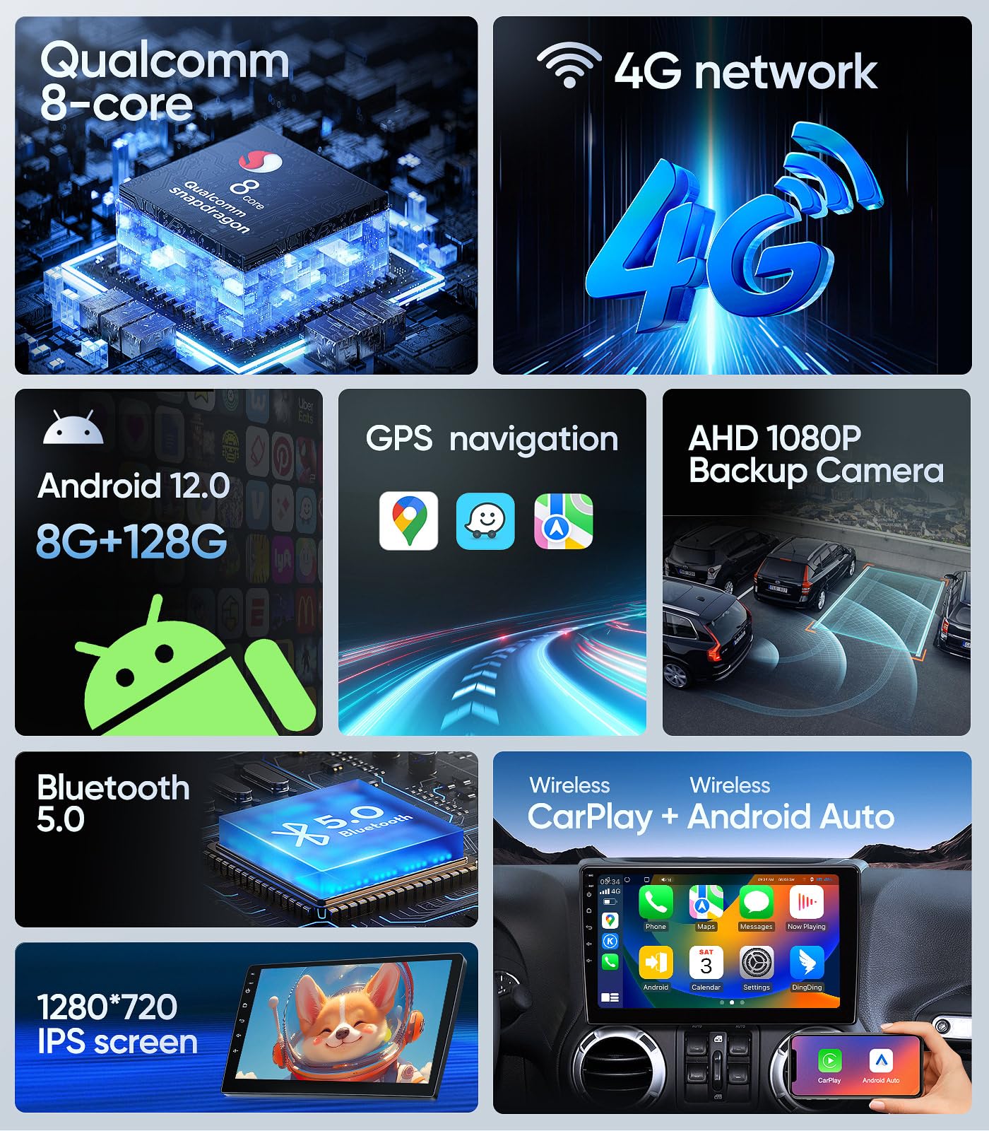 Car Stereo Radio Replacement for Jeep Wrangler JK Compass Grand Cherokee Dodge Ram with 10 Inch Touch Screen,CarPlay,Android Auto,GPS Navigation,Bluetooth,1080P Backup Camera (8G+128G)