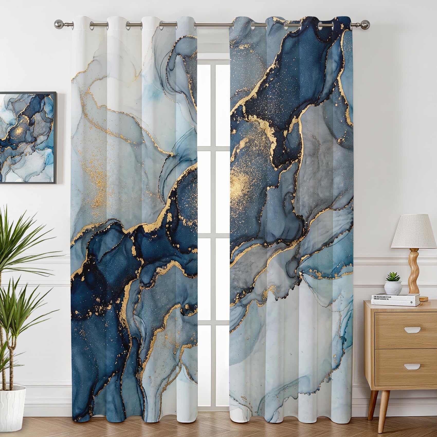 Havenix Navy and Gold Abstract Blackout Curtains for Bedroom Living Room, Eyelet Curtains 229cm Drop, Thermal Insulated Drapes for Windows, Indigo Marble Patterned Window Treatments, 2 Panels