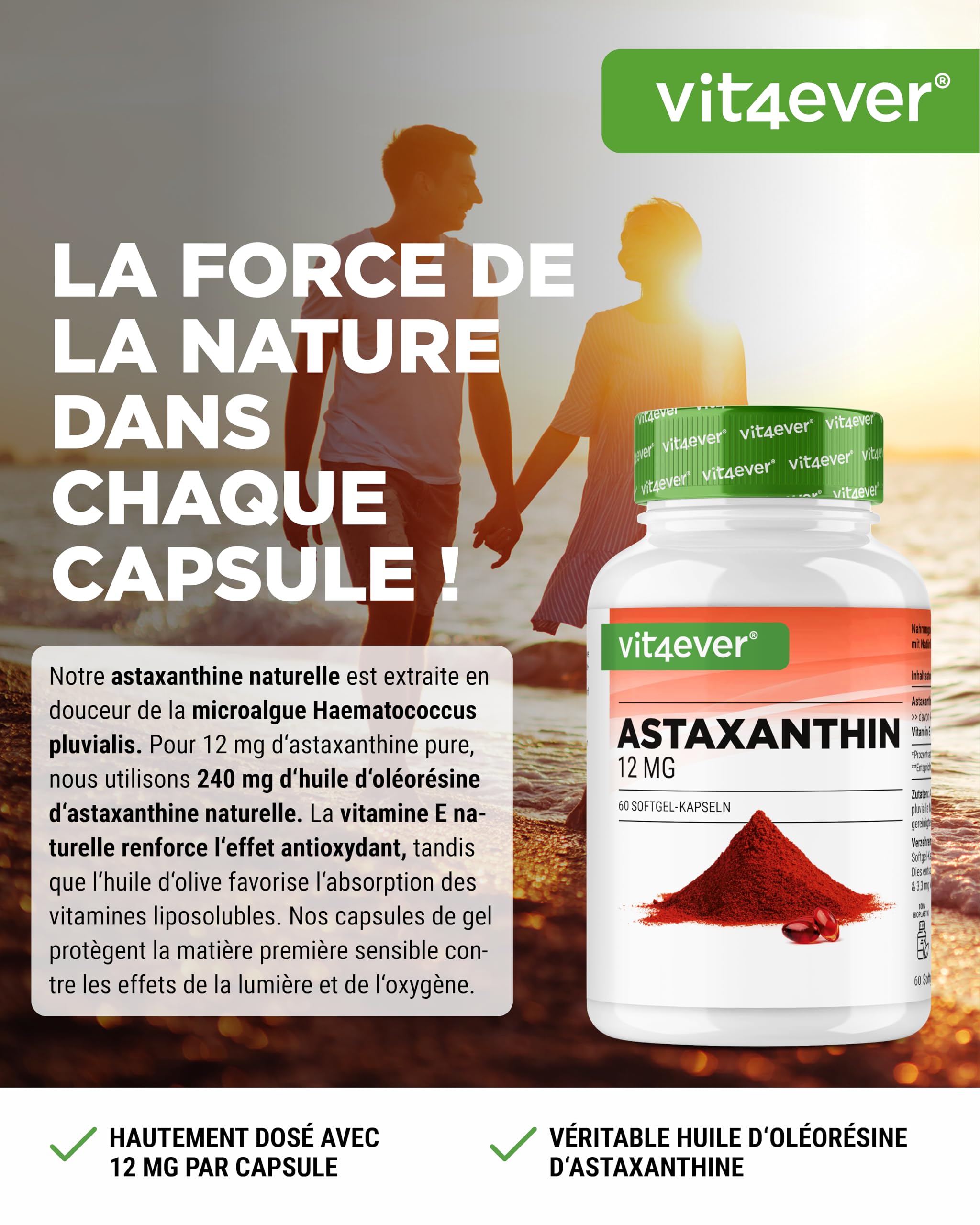 Astaxanthine 12 mg Depot - 60 Capsules Softgel - A Partir de Microalgues Haematococcus Pluvialis Pures - Biodisponibilité Optimisée avec de la Vitamine E et de l'Huile d'Olive