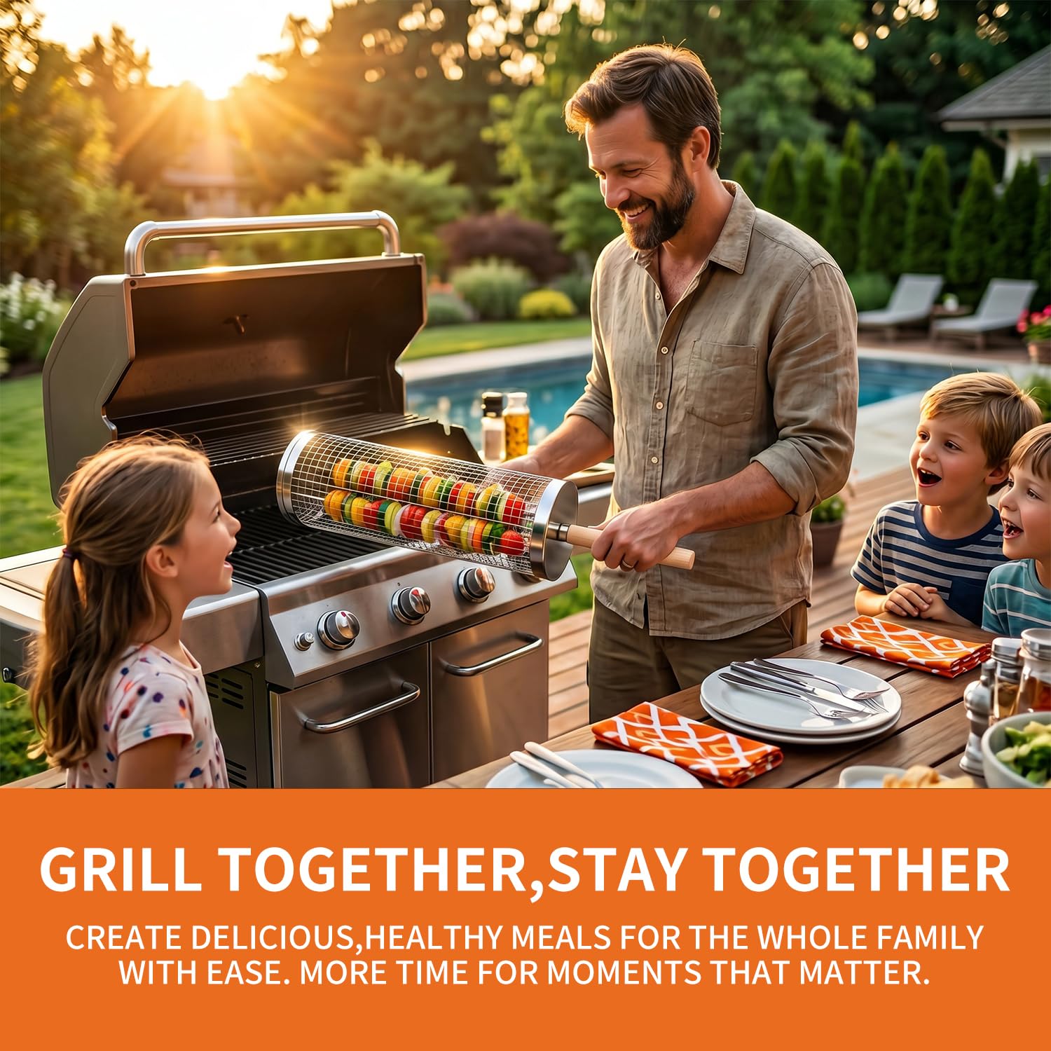 Rollbarer Grillkorb, Edelstahl-Grillkorb mit Holzgriff, tragbarer, drehbarer Grillkorb für Outdoor-Küche, Gemüse, Pommes frites, Fleischbällchen und Camping-Grillen
