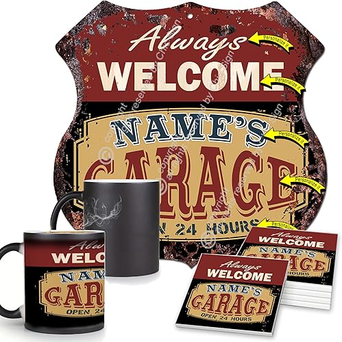 Any Name's Any Text Always Welcome Garage Letrero personalizado rústico chic cartel vintage retro de 11.5 x 11.5 pulgadas, escudo de placa de metal,