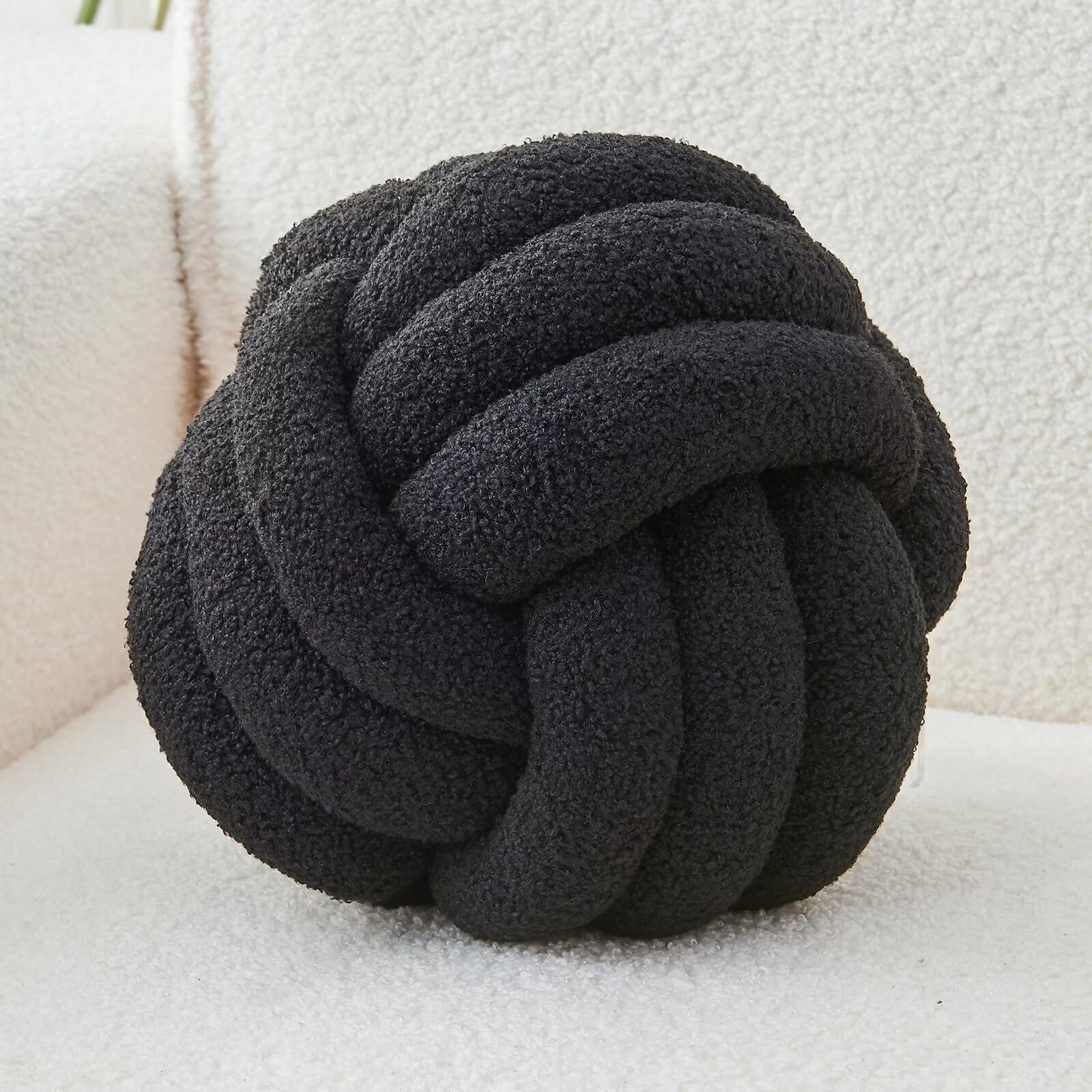 LUSJNGE Decorative Throw Knot Pillow Ball for Home Chair Sofa Couch Bed Aesthetic Round Decor Pillows Lambswool Knotted Pillow Cushion (Black, 13