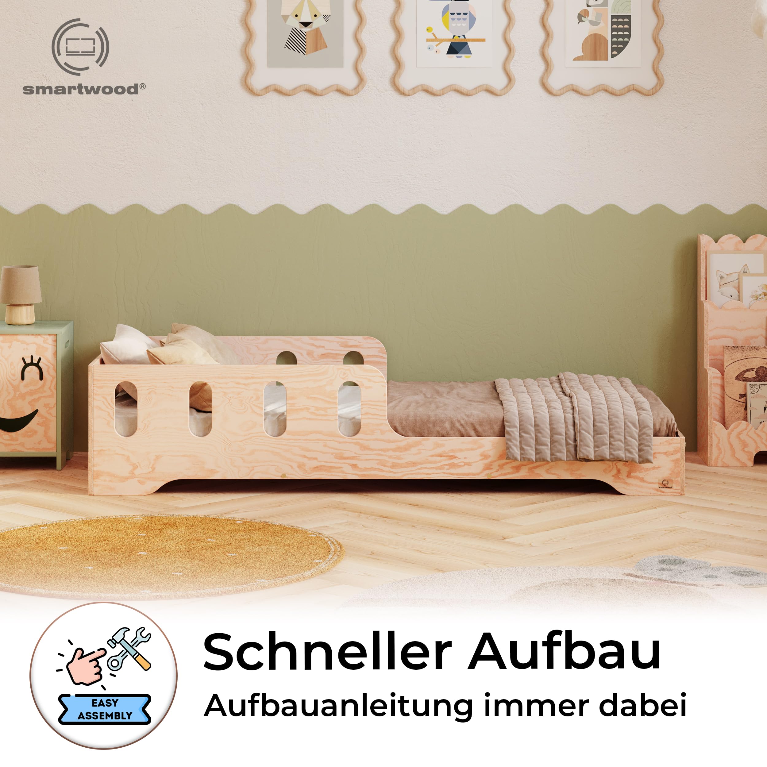 smartwood Kinderbett 140x200 cm - Montessori Bett mit Rausfallschutz & Lattenrost - Kinderbett aus Holz mit FSC-Zertifikat - Bodenbett für Jungen & Mädchen - Einfache Montage - TILA 6