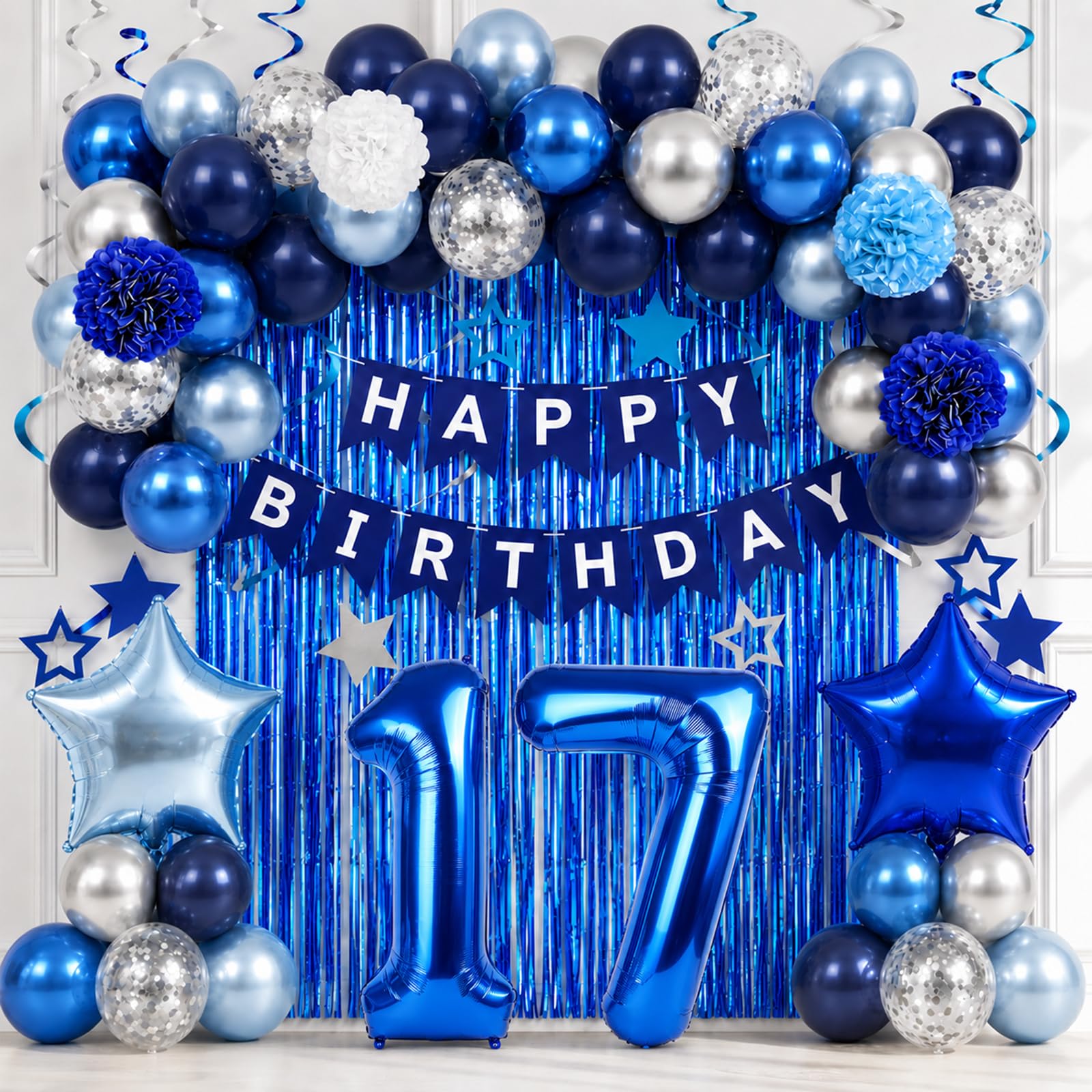 Blue Silver 17th Birthday Party Decoration, Number 17 Balloons for Boy Girl