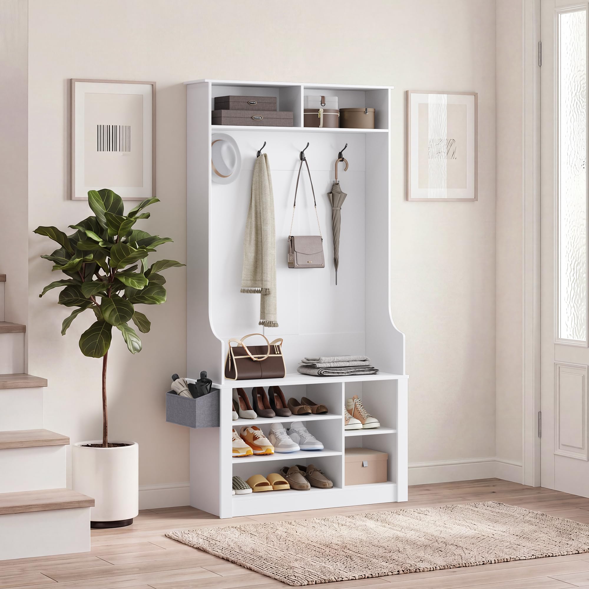 Xbro Garderobenständer mit Schuhbank, Flurgarderobe mit 4 Haken, 5 verstellbaren Schuhablagen & 2 Ablagen, Garderobenschrank mit Sitzbank, freistehende Garderobe Flur, 90x30x183 cm, Weiß