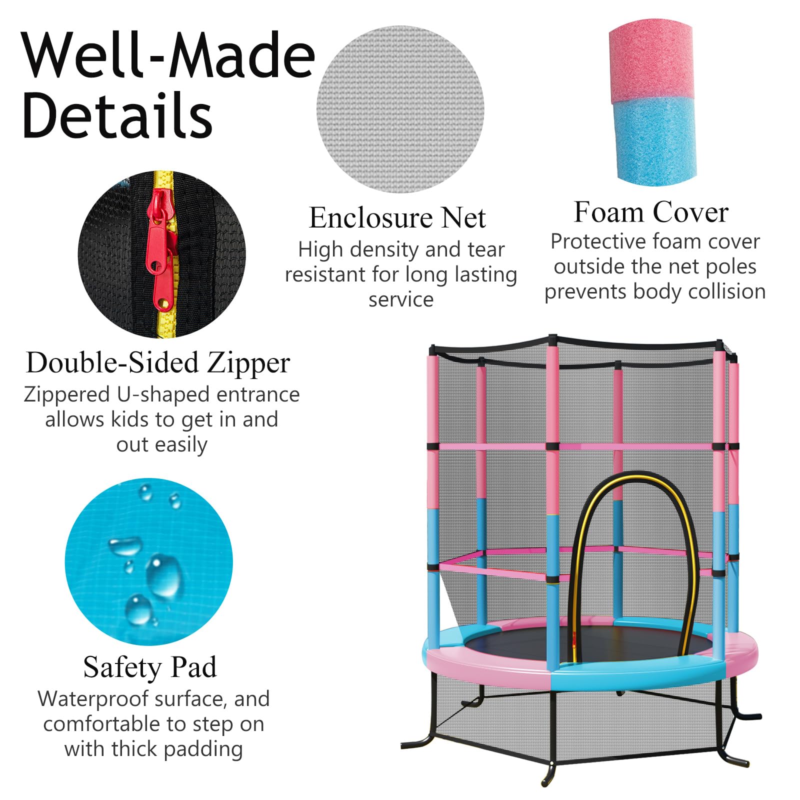LIFEZEAL Trampolino Elastico per Bambini, per Interno, Esterno, Giardino, con Rete di Sicurezza, Tappeto Protettivo, Telaio in Acciaio, Salta, Jump, Regalo, Max 135kg