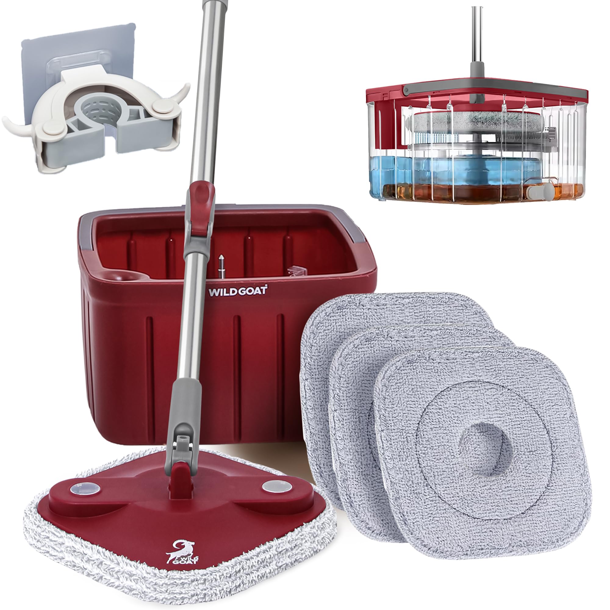 WILD GOAT Clean Water Spin Mop - Including 3 Heavy Duty Machine Washable Cleaning Pads with Wall Mountable Mop Holder - Dual-Chamber Bucket, Separates Clean & Dirty Water - 360° Rotatable Mop Head