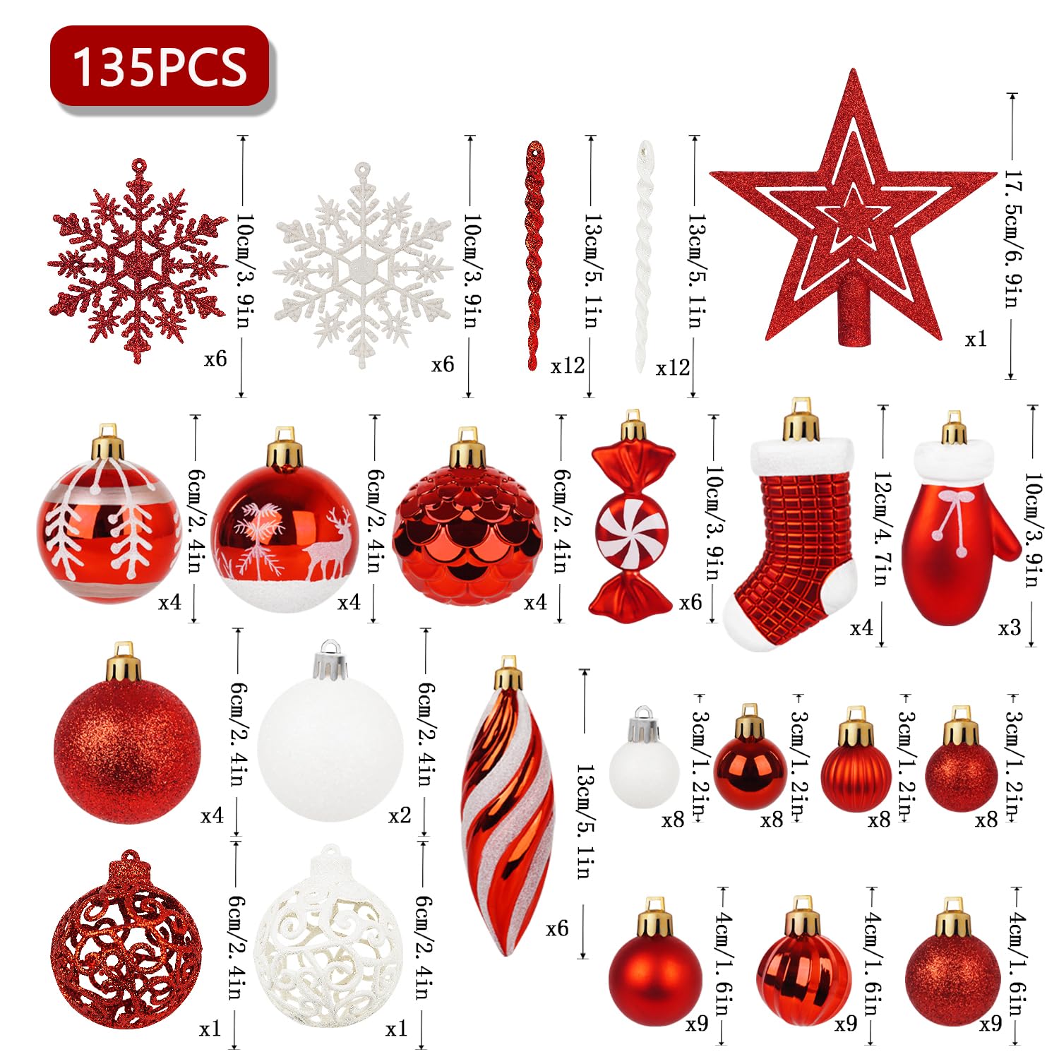 Juego de 135 bolas de Navidad (rojo)
