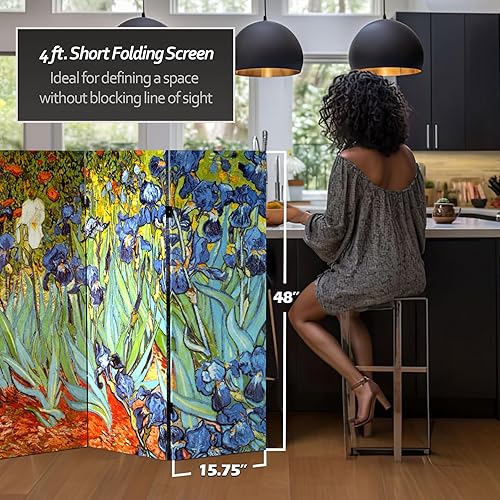 Miniatura 5 de Red Lantern Van Gogh - Pantalla plegable de lona de doble cara corta de 4 pies, lirios, noche estrellada sobre el Ródano, 4 paneles, separador