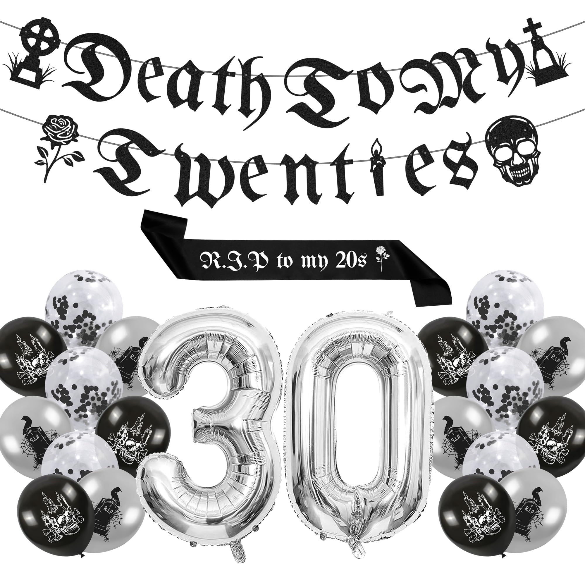 ZercartDeath to My 20s Decoration, 30th Birthday Balloons, Rip to My 20s Birthday Decorations, Gothic Birthday Decoration for Him Her Funny Thirty Birthday Party