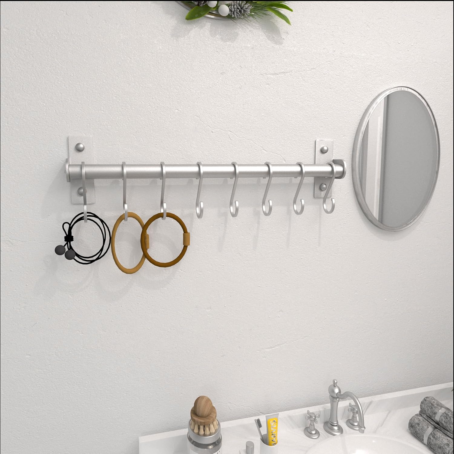 Dseap Kitchen Utensil Holder Hanger, Pot and Pan Rack Wall Mounted, Kitchen Rail with 8 Hooks for Hanging Cooking Utensils, Mugs, Spoons, Wall Mounted, Silver, Pack of 2