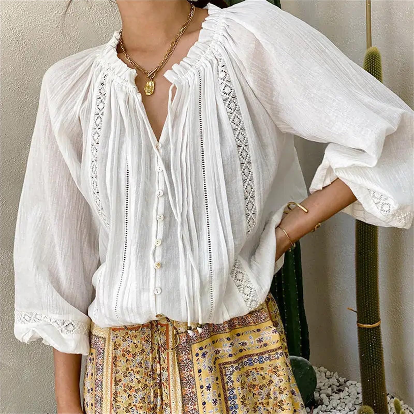 Copricostume Donna Camicia Bianca Casual Ampia da Donna | Con scollo a V e maniche a sbuffo(M)