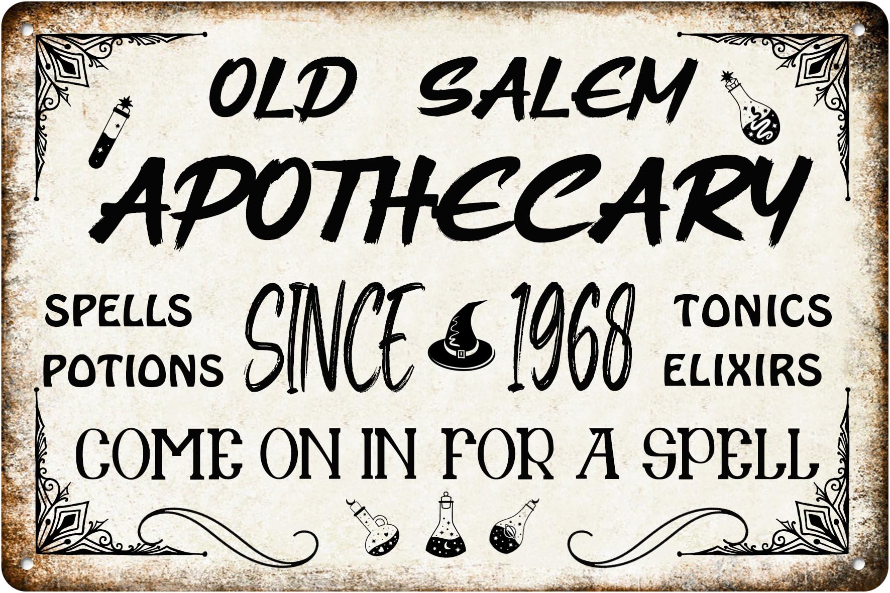 SMAZDFXX Old Salem Apothecary Tin Sign Spells Potions Tonics Elixirs Vintage Funny Halloween Metal Signs Artistic Decorations For Club And Coffee Shop 8"x12"