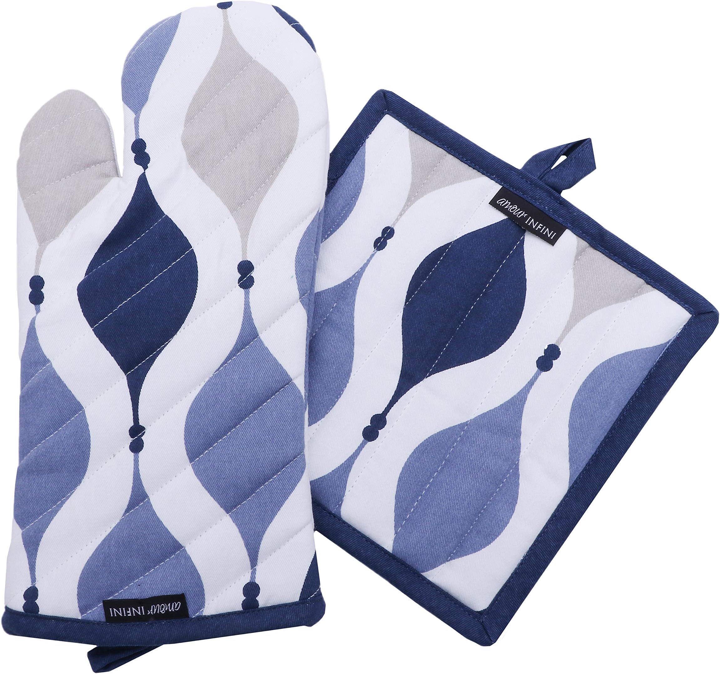 CASA DECORS Amour Infini Pot Holders and Oven Mitts, Geometric Blue Design, Heat Resistant, Made of 100% Cotton, Set of 1 Oven Mitt and 1 Pot Holder, Pot Holders and Oven Mitts Sets