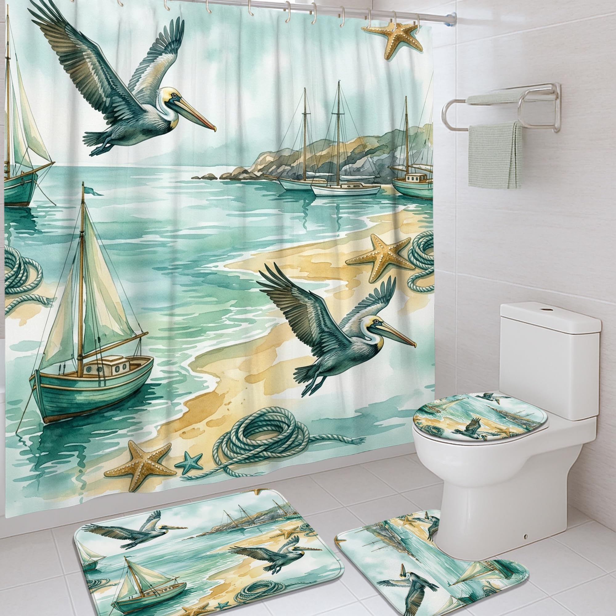 Rideau de douche imperméable anti-éclaboussures kit tapis turquoise mer