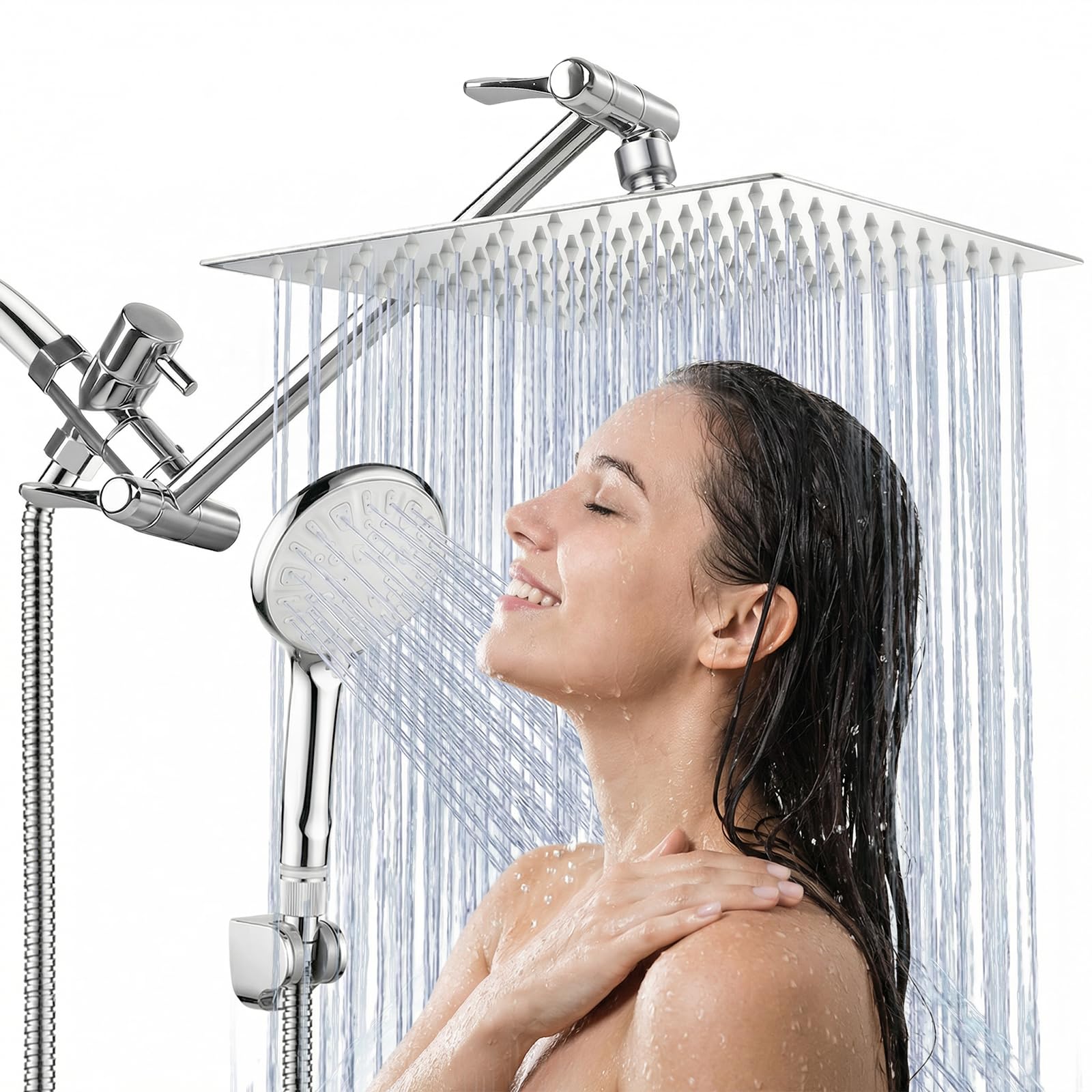 Shower Head, 8 Inch High Pressure Rainfall Shower Head/Handheld Shower Combo with 11 Inch Extension Arm, 9 Settings Adjustable Anti-leak Shower Head with Holder/Hose, Height/Angle Adjustable