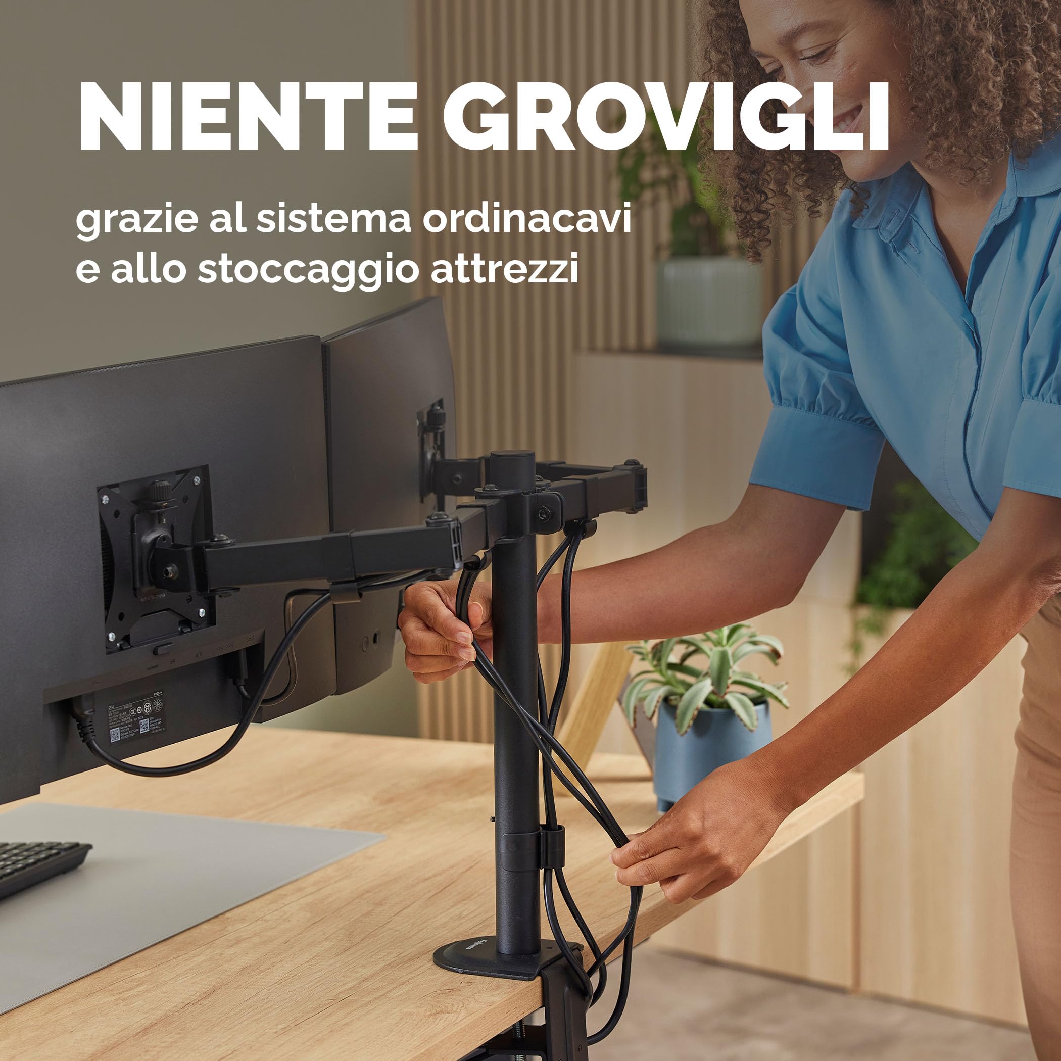Fellowes Braccio Monitor Doppio Everyday – Supporta 2 schermi 17"-32" (2-9 kg ciascuno), regolabile in altezza, inclinazione e rotazione, VESA 75/100, a morsetto o foro passante - Nero