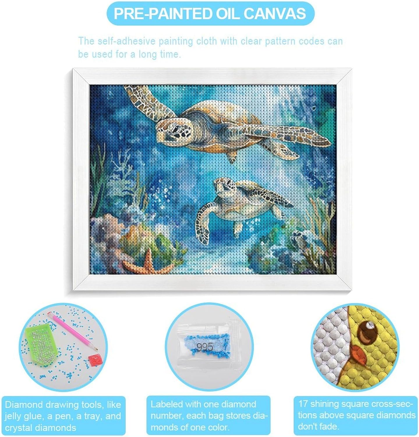 Sea Turtles Corals In Ocean Printed Diamond 5D Painting Kit 16x20in DIY Full Drill Craft with Tools for Home Wall Decor Gift White Wood 50 * 40cm
