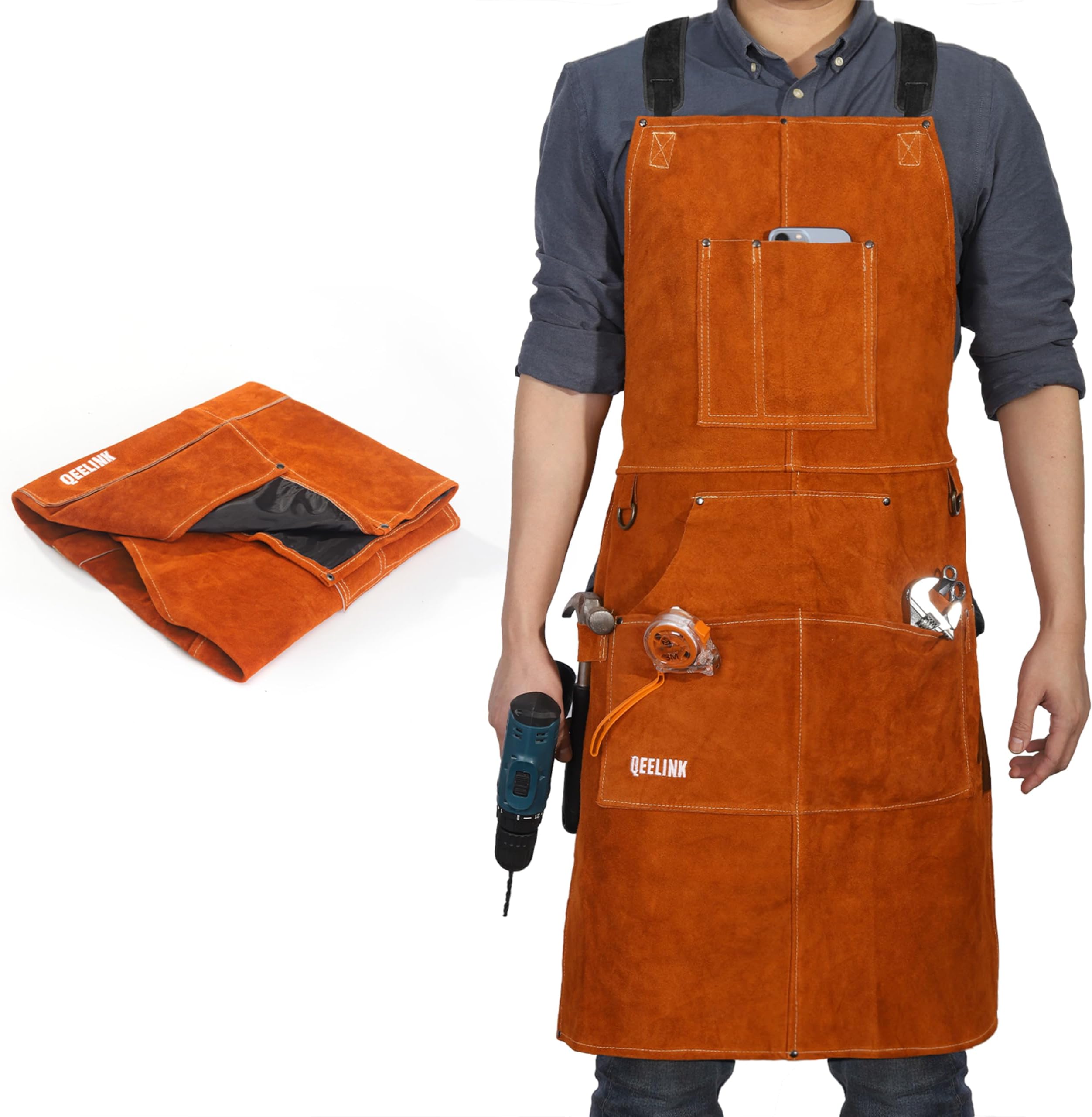 QeeLink Leather Welding Work Apron with 6 Tool Pockets, Heat & Flame Resistant Apron, 24" x 36", Adjustable M to XXXL, Brown, Small-5X-Large