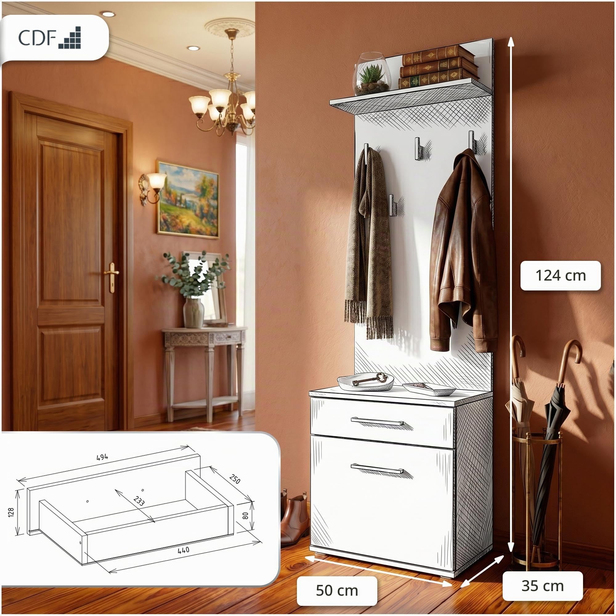 CDF Juego de Perchero Mueble Recibidor Zapatero de Entrada con y Panel 5 Ganchos Armario Entrada Conjunto de Armario/Perchero Mueble de entrad No es Necesario Hacer Agujeros Blanco