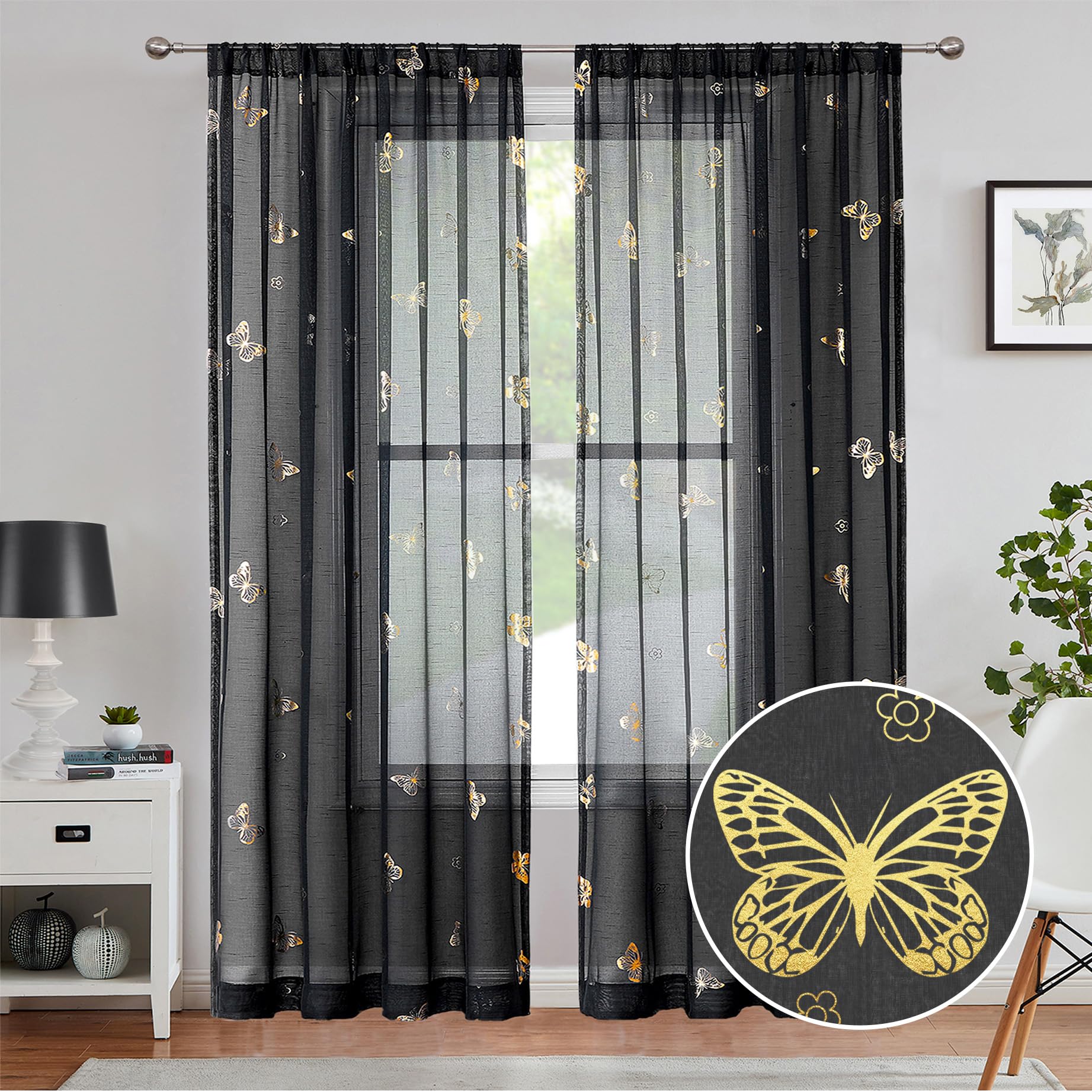 Jubilantex Black and Gold Butterfly Sheer Curtain Panels for Bedroom, Linen Textured Metallic Print Patterned Voile Rod Pocket Curtain Drapes 84 Inch