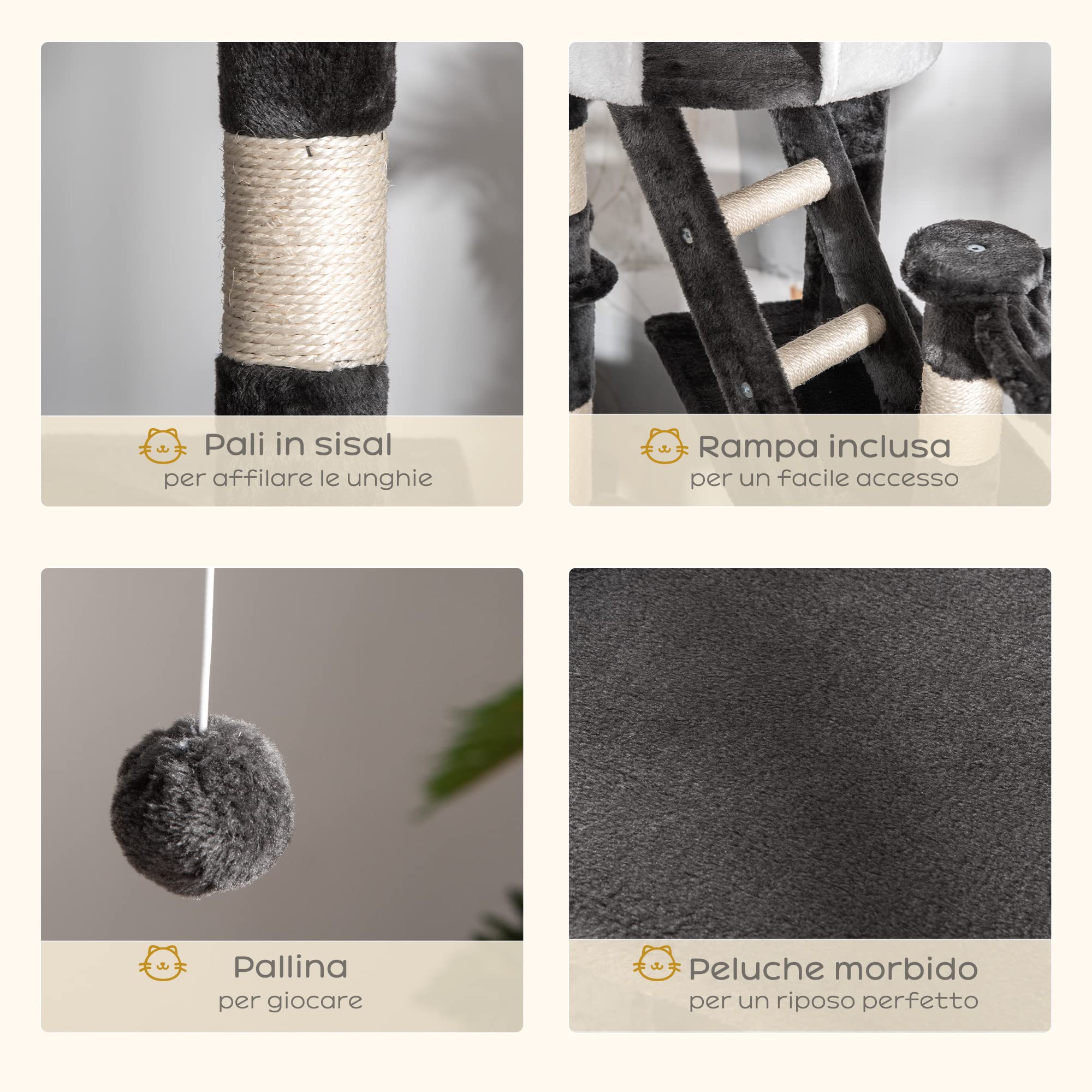 PawHut Tiragraffi per Gatti a Soffitto 240-260 cm, Grigio Scuro e Bianco | Altezza Regolabile, Albero Tiragraffi per Gatti Multilivello, Cucce, Amache e Scale, Corde in Sisal, Grigio Scuro e Bianco