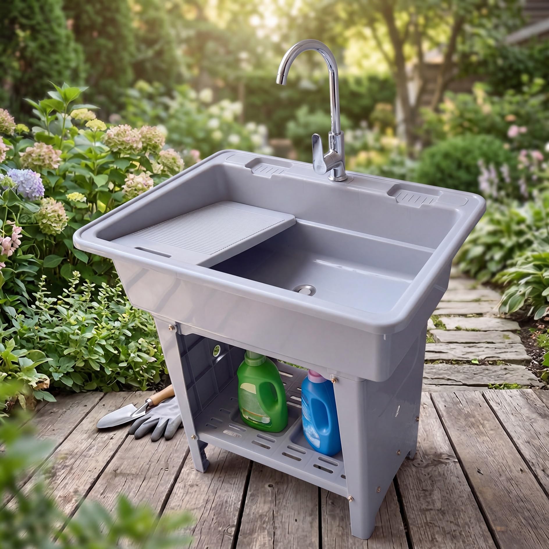 Lavatoio da Esterno in Plastica PP, 80X58X80CM Mobile Lavandino da Lavanderia Portatile, Lavello Biancheria Indipendente, Lavabo Lavapanni con Asse Rimovibile, per Interno, Garage, Giardino, Cantina