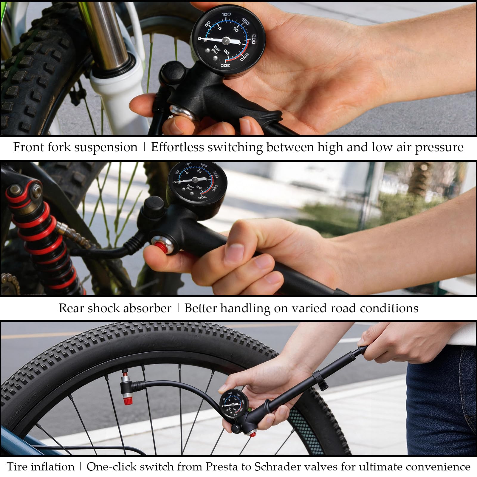 Pompe à Amortisseur Haute Pression(Max 300 PSI), 3 en 1 pour Fourche et Suspension arrière &Shock Absorber,Mini Pompe Velo