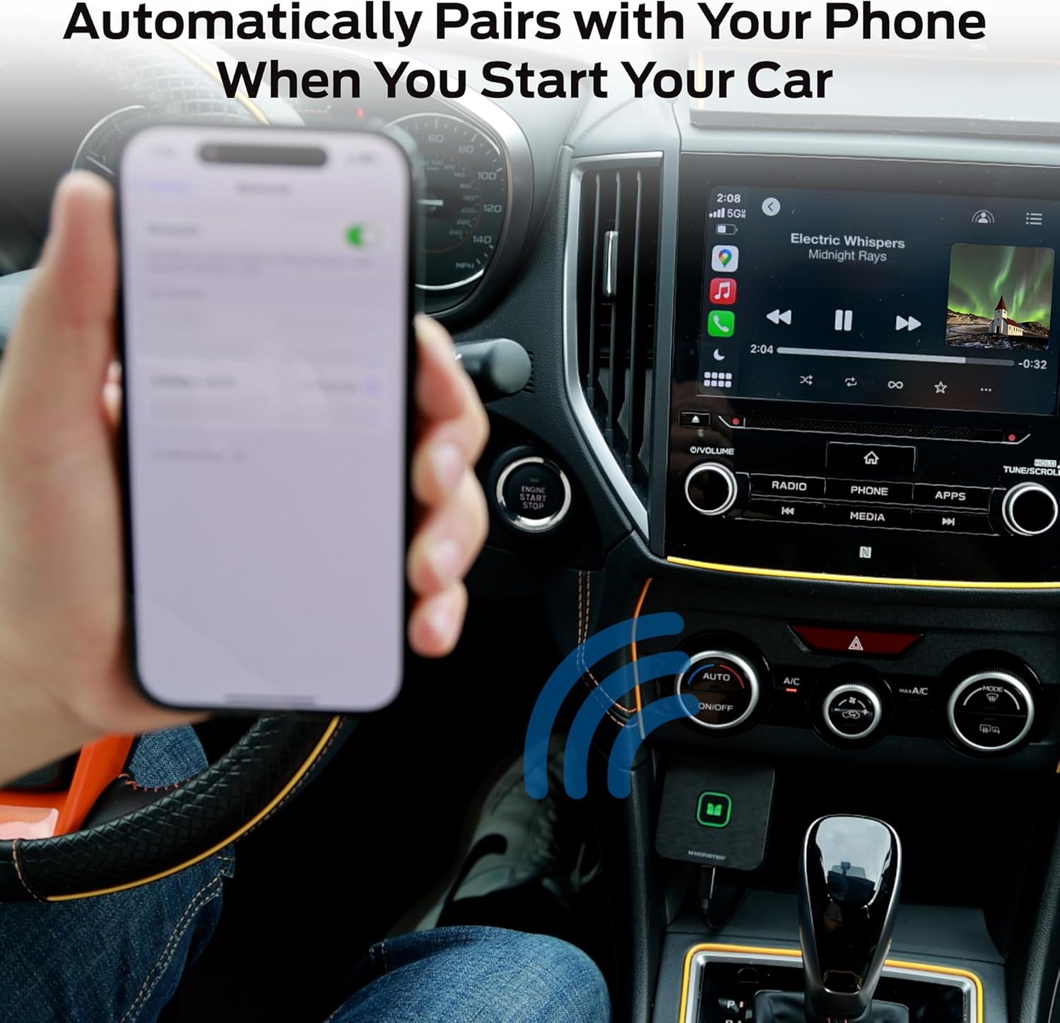 Monster Wireless CarPlay and Android Auto Adapter automatically pairing with a phone upon car startup.