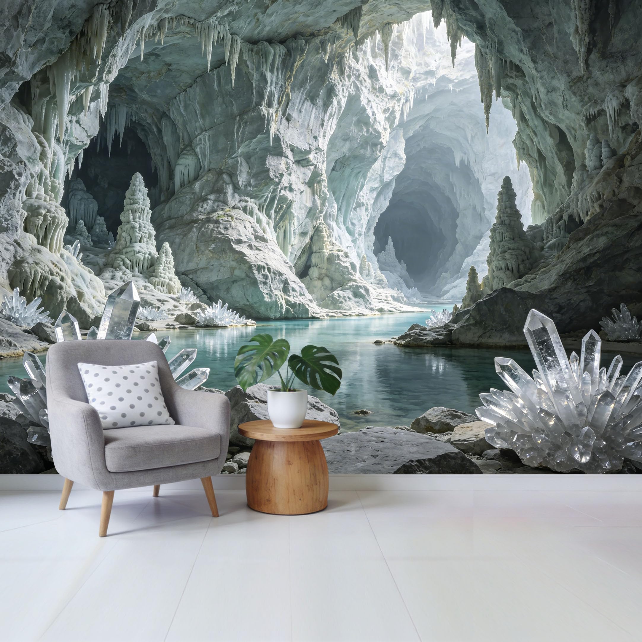 Custom Size Wall Mural Crystal Cave Landscape with Stalactites and Underground Lake Removable Self Adhesive Fabric， Home Wall Decor for Living Room Bedroom Bathroom