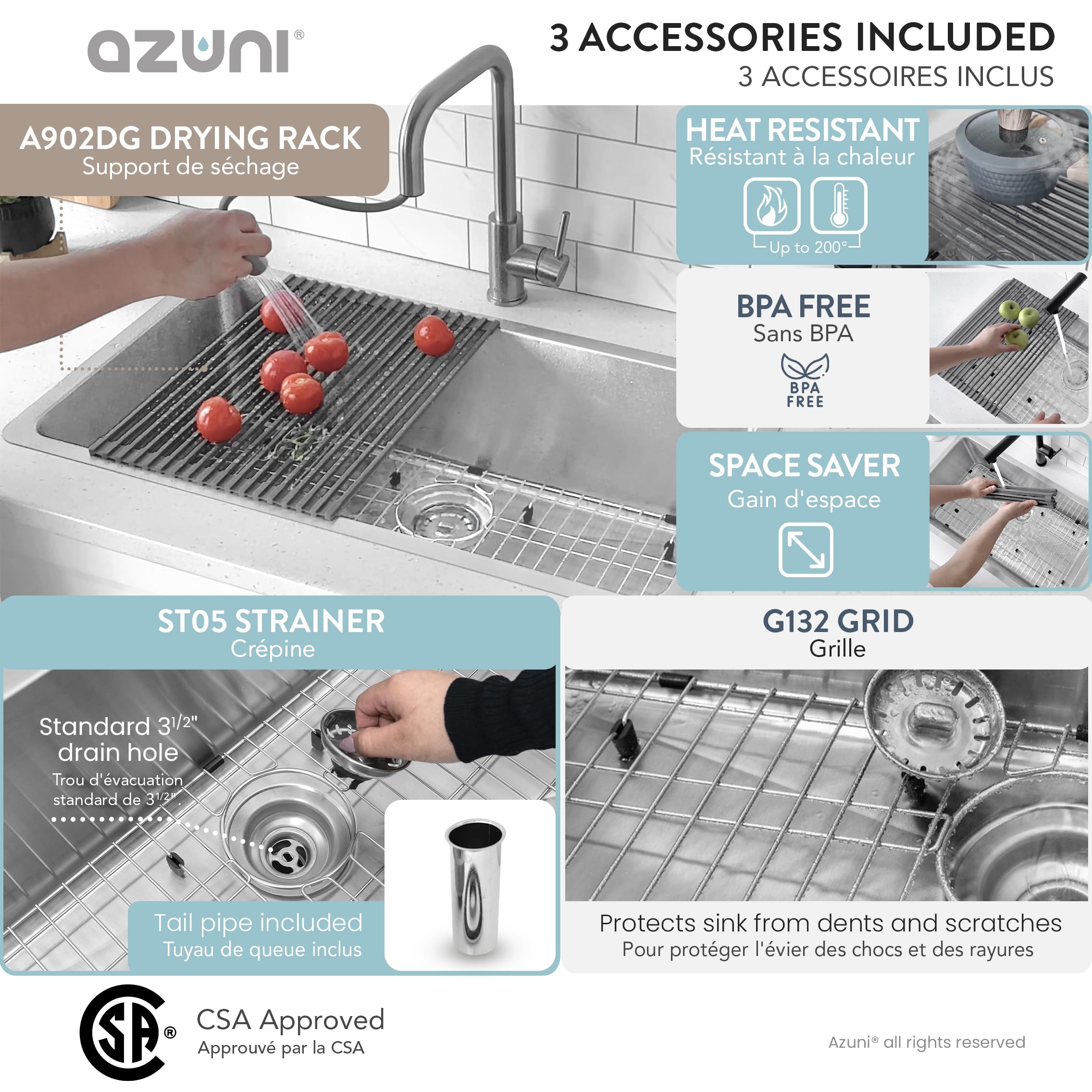 Azuni Lavello da cucina a vasca singola in acciaio inox, 81 cm, 16 G, lavello da cucina a goccia o sottopiano, con griglia inferiore, colino in metallo standard e stendibiancheria, C132