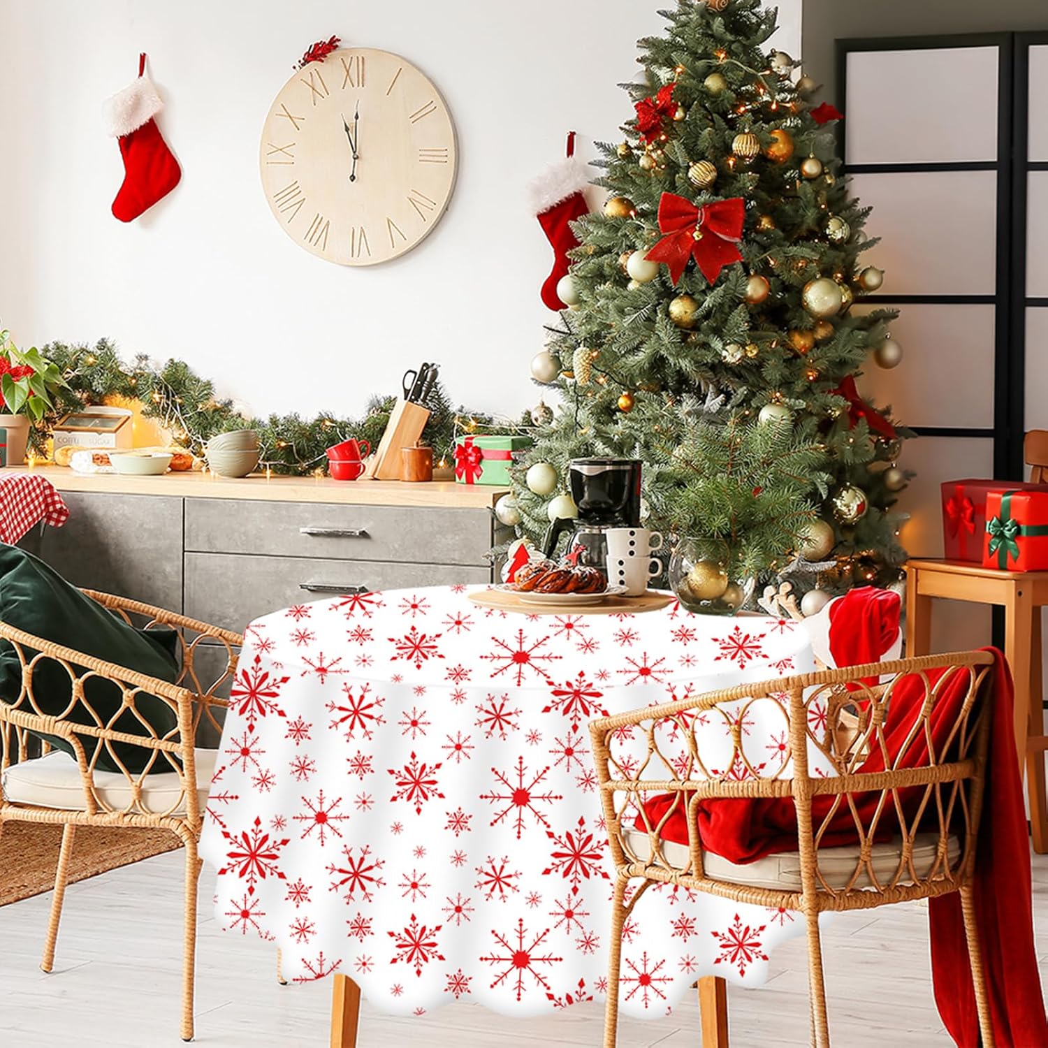 chiazllta 12 PCS Christmas Tablecloth Red and White Snowflake Winter Round Plastic 80 inch Table Cover Winter Party Snowflake Tablecloth Decorations for Christmas Holiday Birthday Party