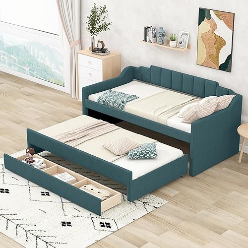 SOFTSEA Upholstered Daybed with Trundle and 3 Drawers, Wood Daybed Frame with Twin Trundle Bed for Bedroom, Living Room, Guest Room, Green