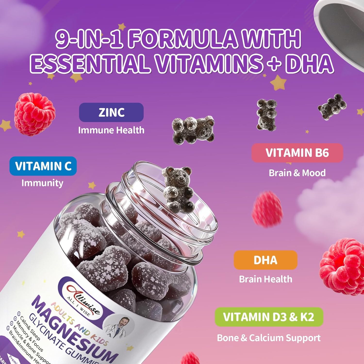 2pack Kids Sleep Gummies – Magnesium Glycinate Gummies with DHA, L-Theanine, Chamomile & Lemon Balm, Melatonin Free Calm & Sleep Support, Raspberry Flavor