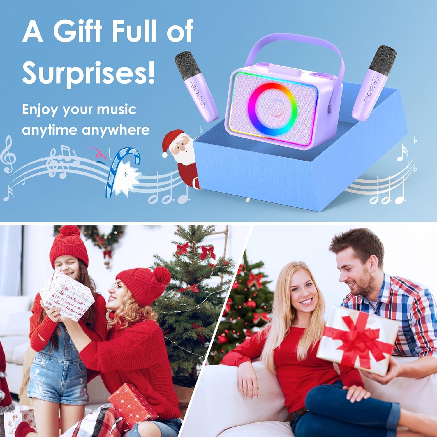 Karaoke Machine,Portable Bluetooth Speaker with 2 Wireless Microphone for Adults & Kids with LED Lights, Karaoke Microphone with PA System Supports USB/TF/AUX,Gift for Party (Purple) - Image 7