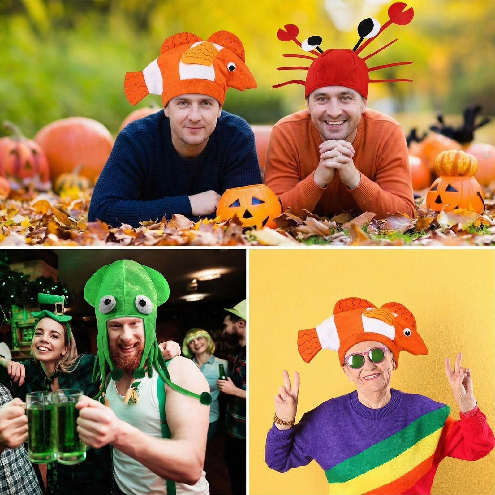 Kasyat 3 Sombreros de Fiesta Divertidos: Calamar, Cangrejo y Pez Payaso - Gorros de Animales Marinos del Océano - Accesorio de Disfraz para Cosplay y Halloween, 3 Estilos