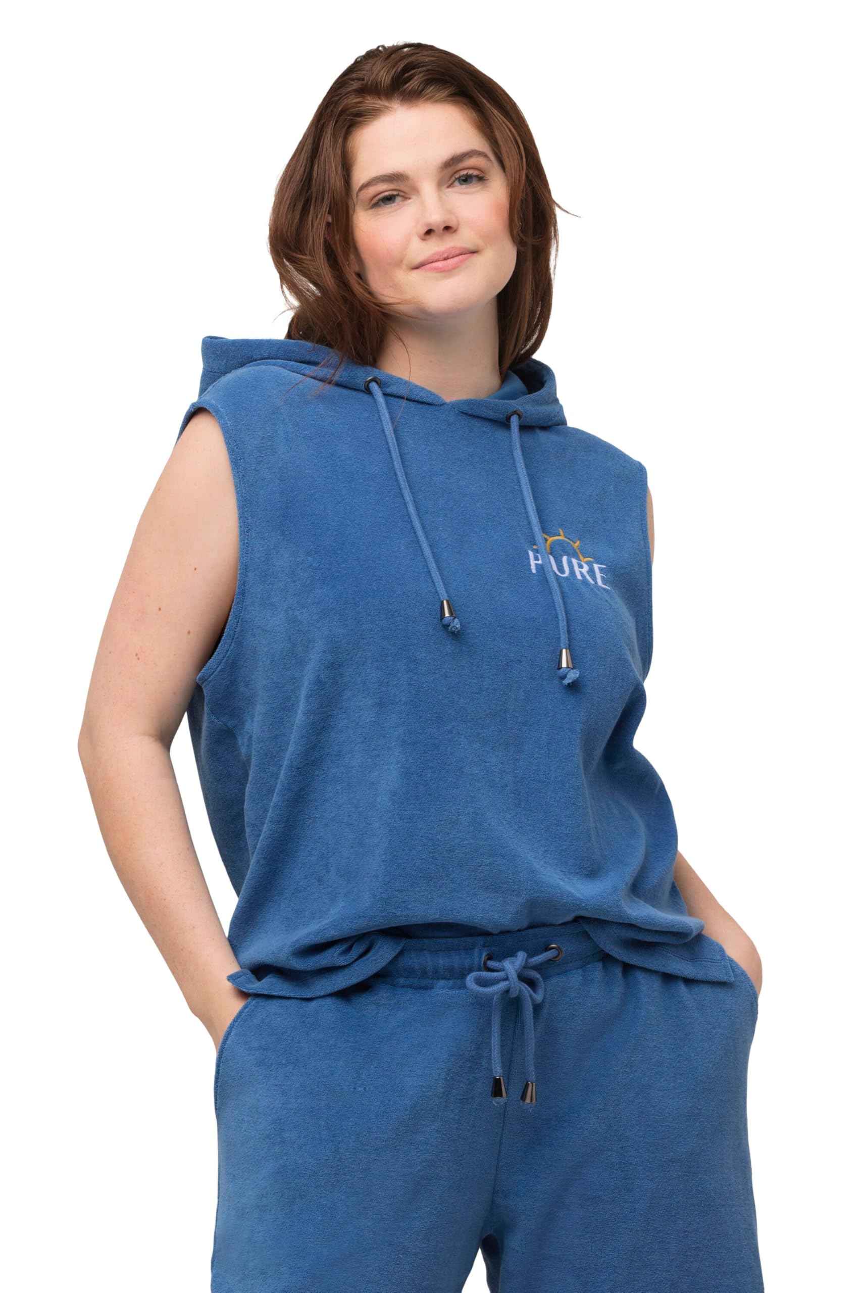Ulla Popken Damen große Größen Übergrößen Plus Size Frottee-Hoodie, ärmellos, Kapuzenshirt, Biobaumwolle 816854