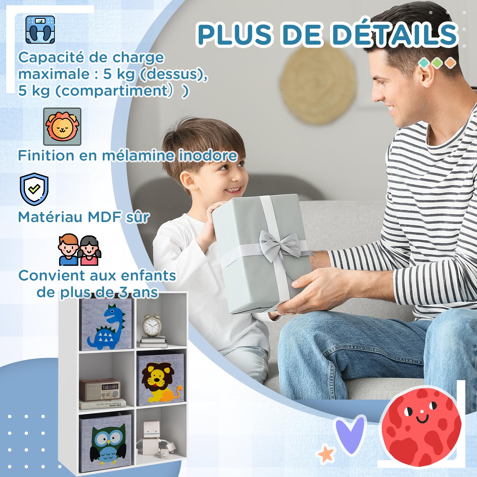 ZONEKIZ Meuble de Rangement pour Enfant, étagère pour Chambre d'enfants, bibliothèque, 6 Cases, 3 Cubes paniers en Tissu Motif Animaux pour Salle de Jeux, 62 x 30 x 91,5 cm, Blanc