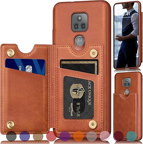 SUANPOT Funda tipo cartera con bloqueo RFID para Moto G Play 2021 con soporte para tarjetas de crédito, funda de piel sintética con tapa para