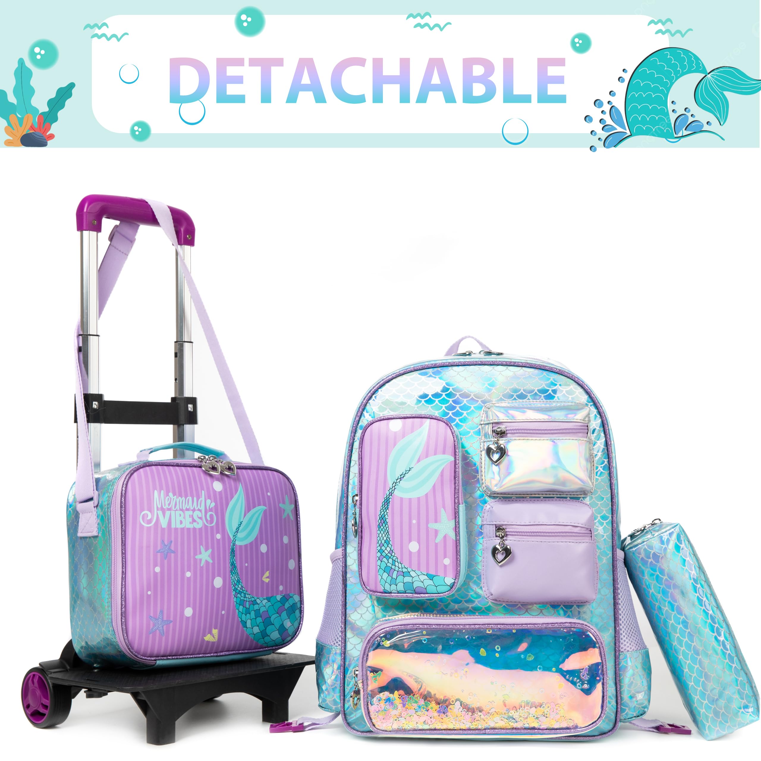 HTgroce Mochila Trolley Sirena para Niña Infantil con Ruedas para Escuela Educación Preescolar Escuela Primaria y Viajes
