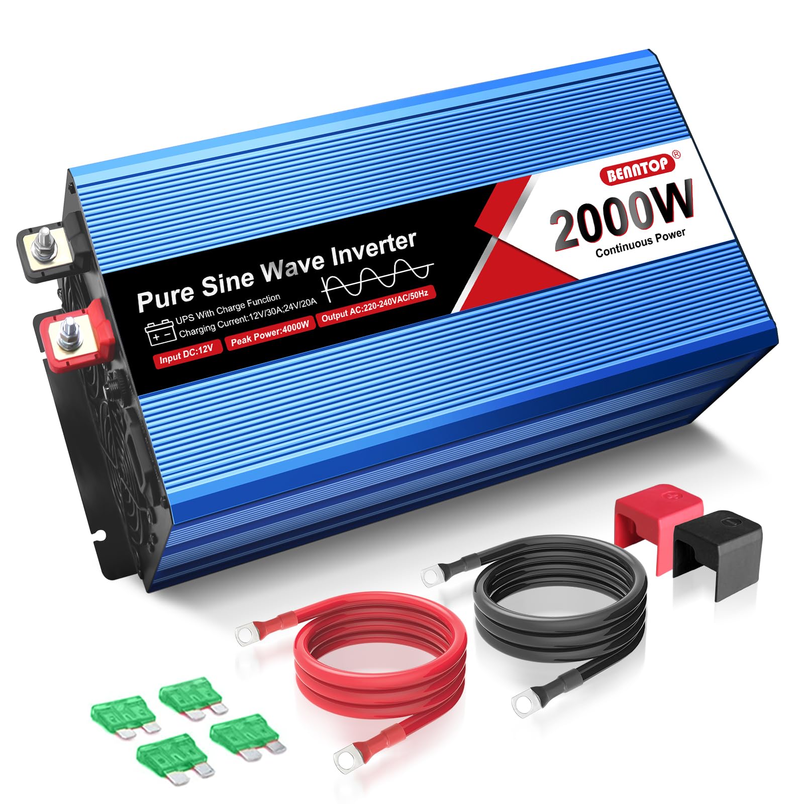 2000/4000W Inverter 12V 220V onda pura | UPS Senza interruzioni, corrente di carica da 30 A, LCD Intellgent & porta USB, 2 EU per Camper, Casa, Emergenze