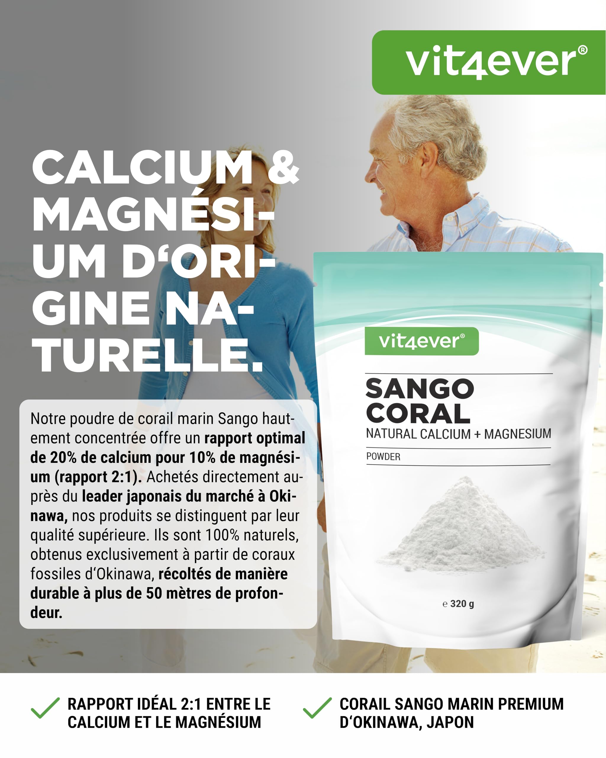 Corail Sango - 320 g de poudre - Source naturelle de calcium (20%) & de magnésium (10%) dans un rapport de 2:1 propre à l'organisme - Sans additif