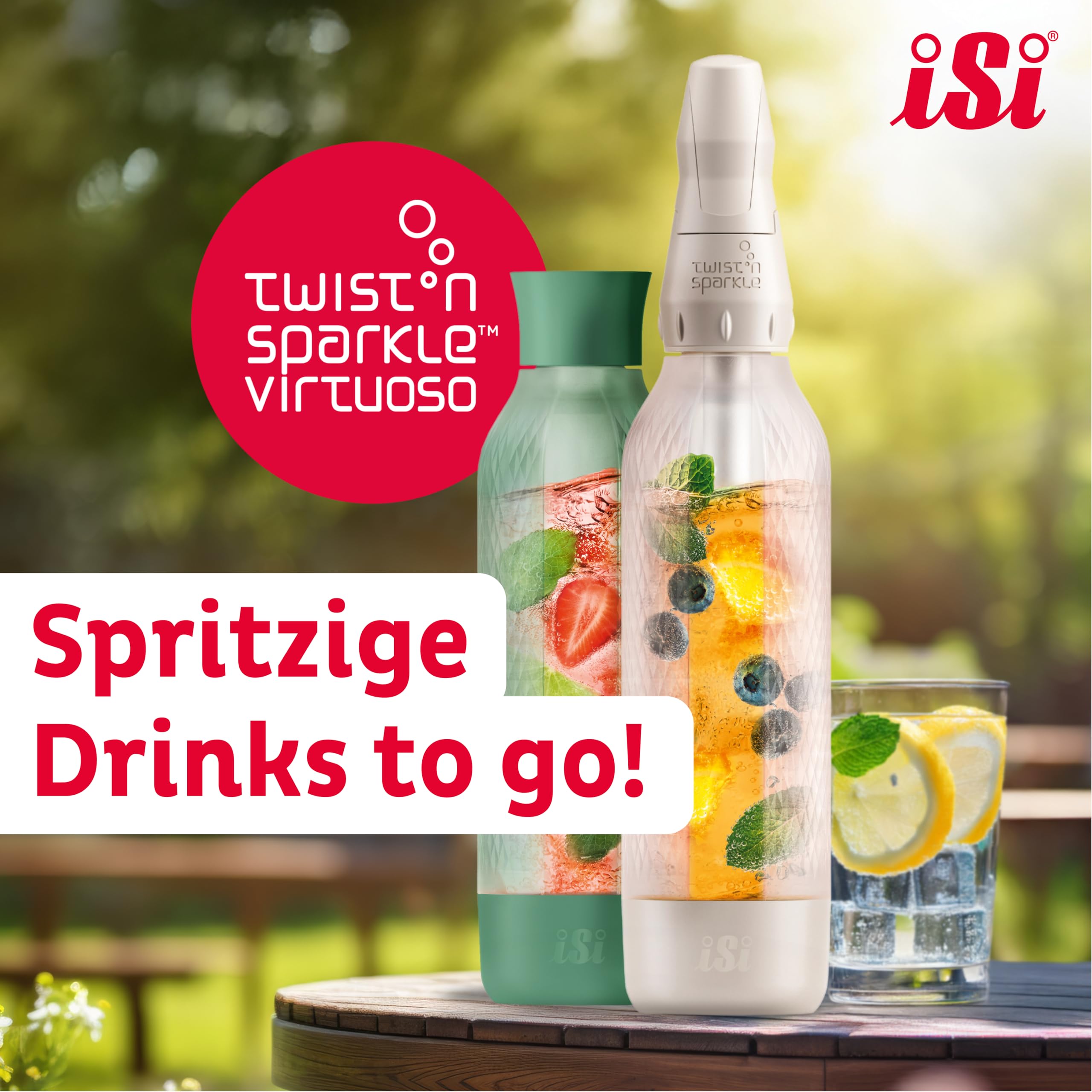 iSi Twist'n Sparkle Virtuoso Spruzzatore d'acqua 0,95 l – Soda Maker per acqua frizzante, succhi e cocktail – Sprudler & Soda Maker con custodia in silicone antiscivolo – Macchina alternativa per