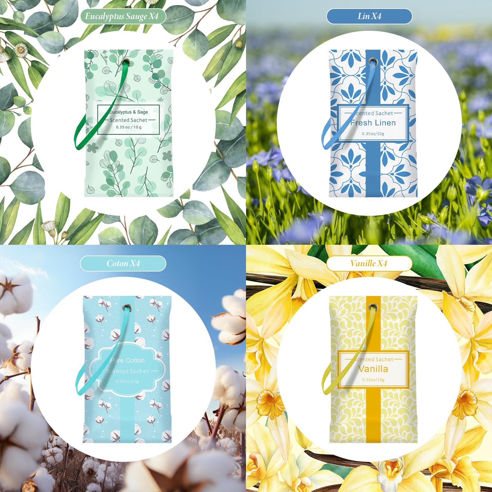 SCENTORINI Sachets Parfumés Frais pour Tiroirs, Armoires, Voitures, et Garde-Robes, 16 sachets, 4 Senteurs Lin, Coton, Vanille, Eucalyptus Sauge, Parfum Longue Durée