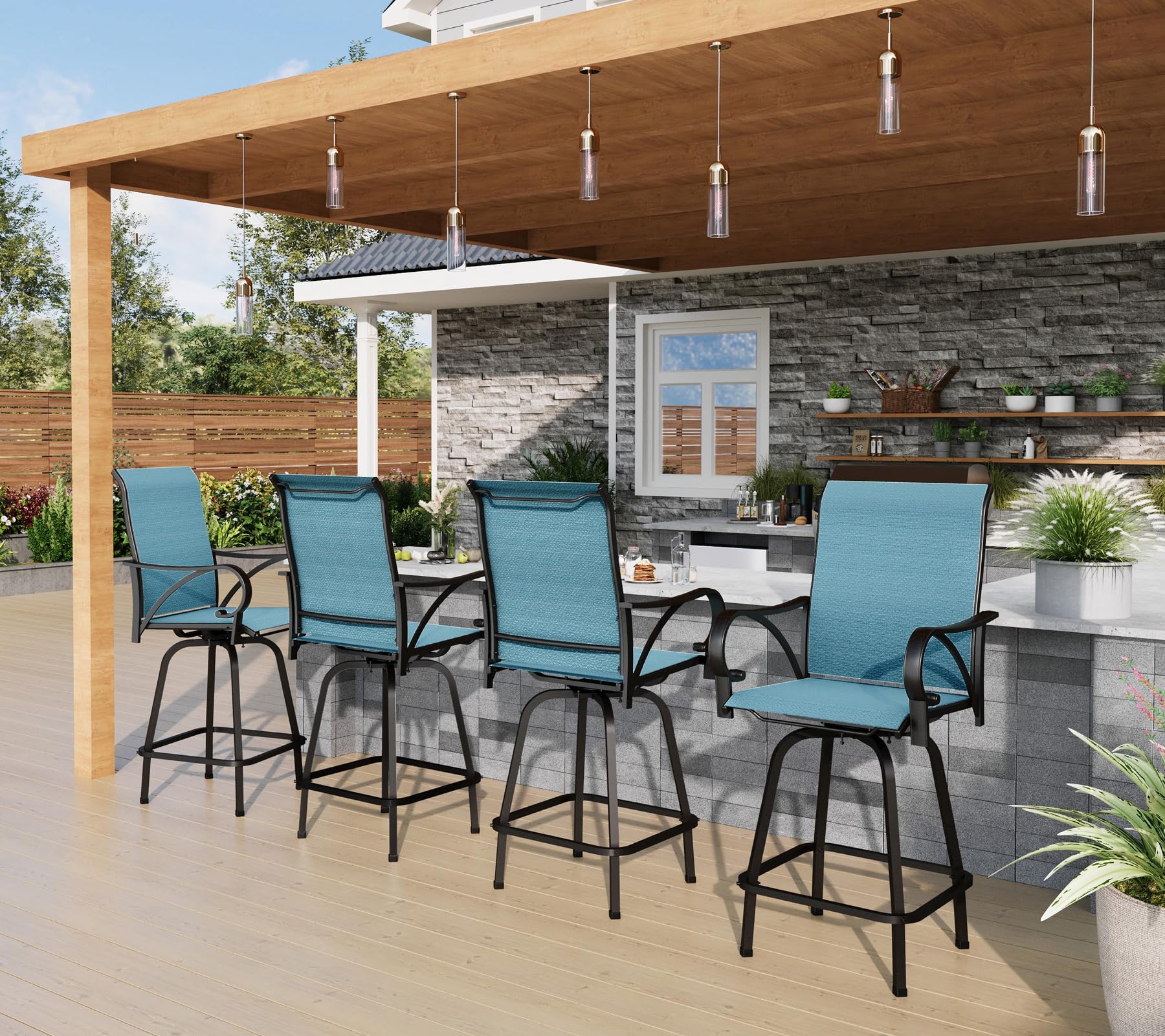 PHI VILLA Outdoor Bar Stools Set of 4, Swivel Patio Bar Chairs