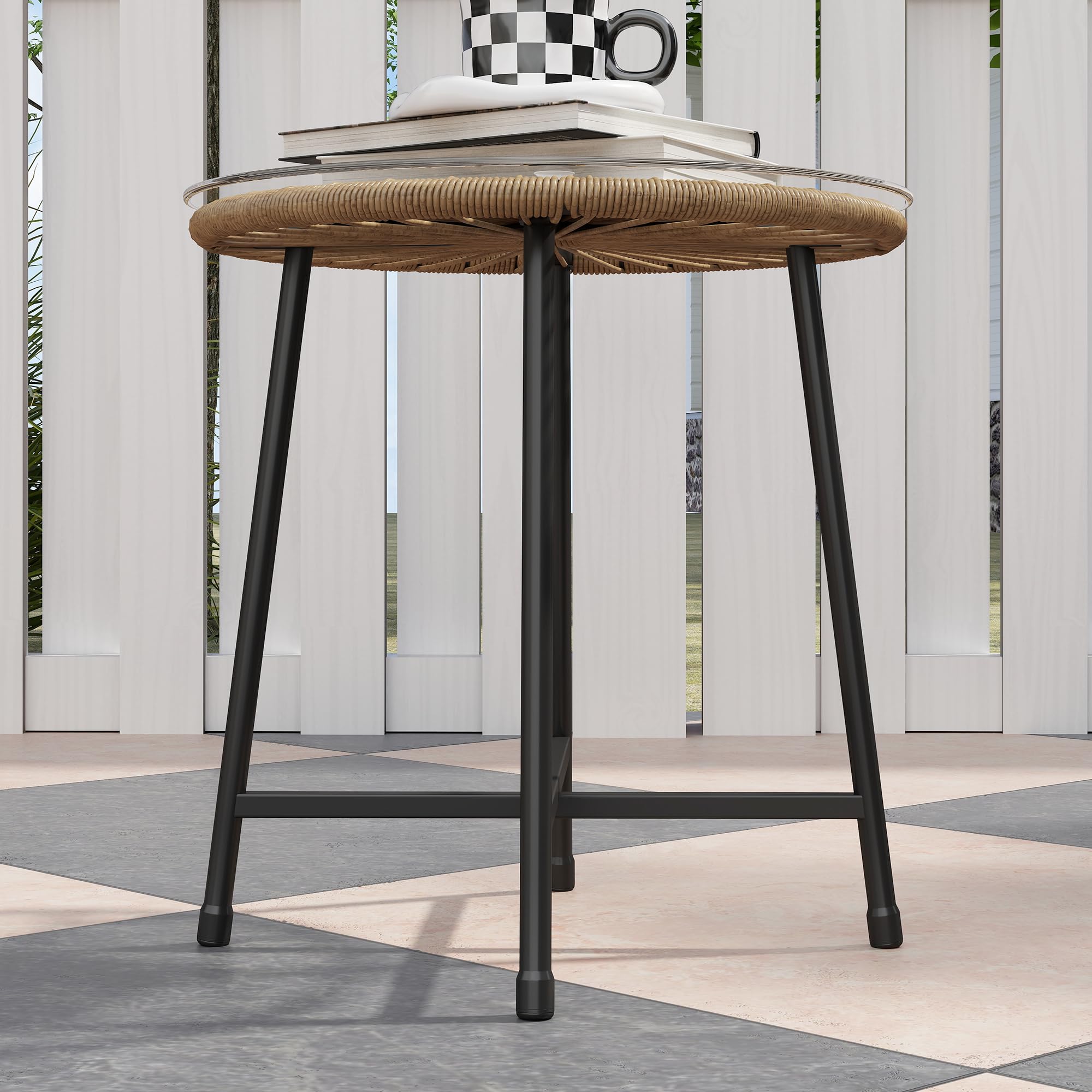 Outsunny Set da Giardino 3 Pezzi in Rattan PE e Acciaio, Set 2 Sedie con Cuscini e Tavolino da Caffè a Cilindro con Piano in Vetro, Set di Mobili da Balcone, per Patio e Cortile, Color Legno