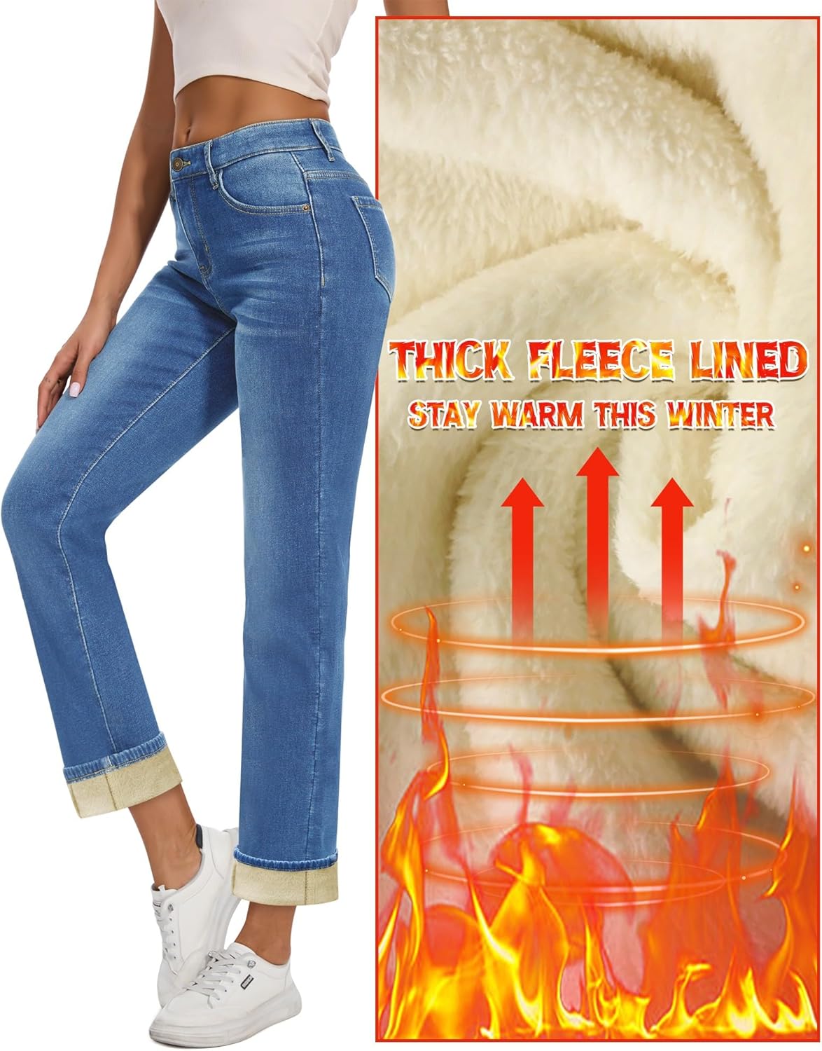 Women Fleece Lined Jeans Women's High Waisted Straight Leg Jeans Winter Fleece Lined Jean Pants - Image 2